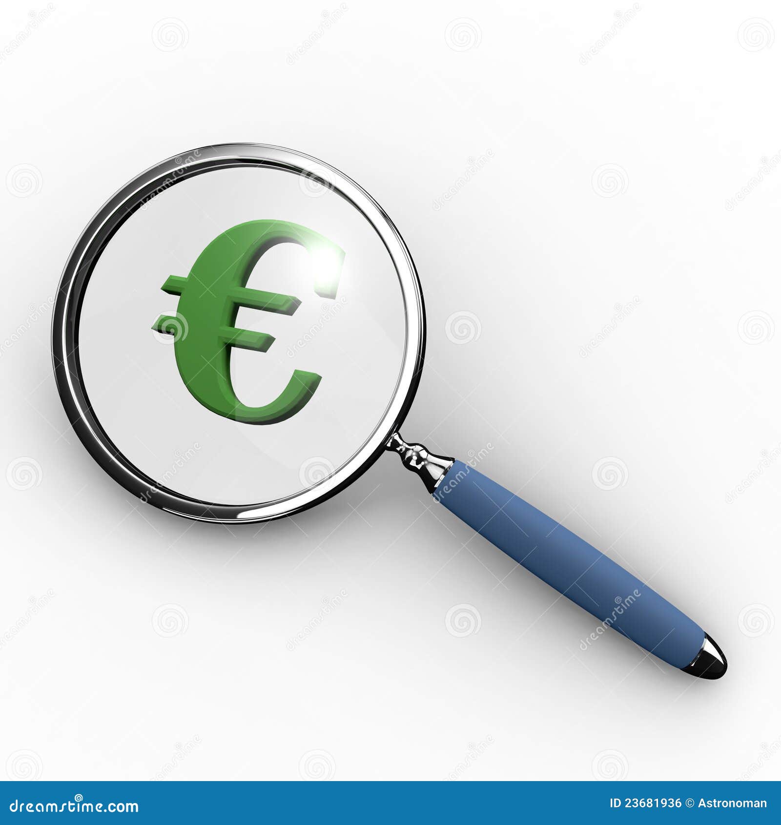 Magnifier con l'euro segno su priorità bassa bianca con ombra