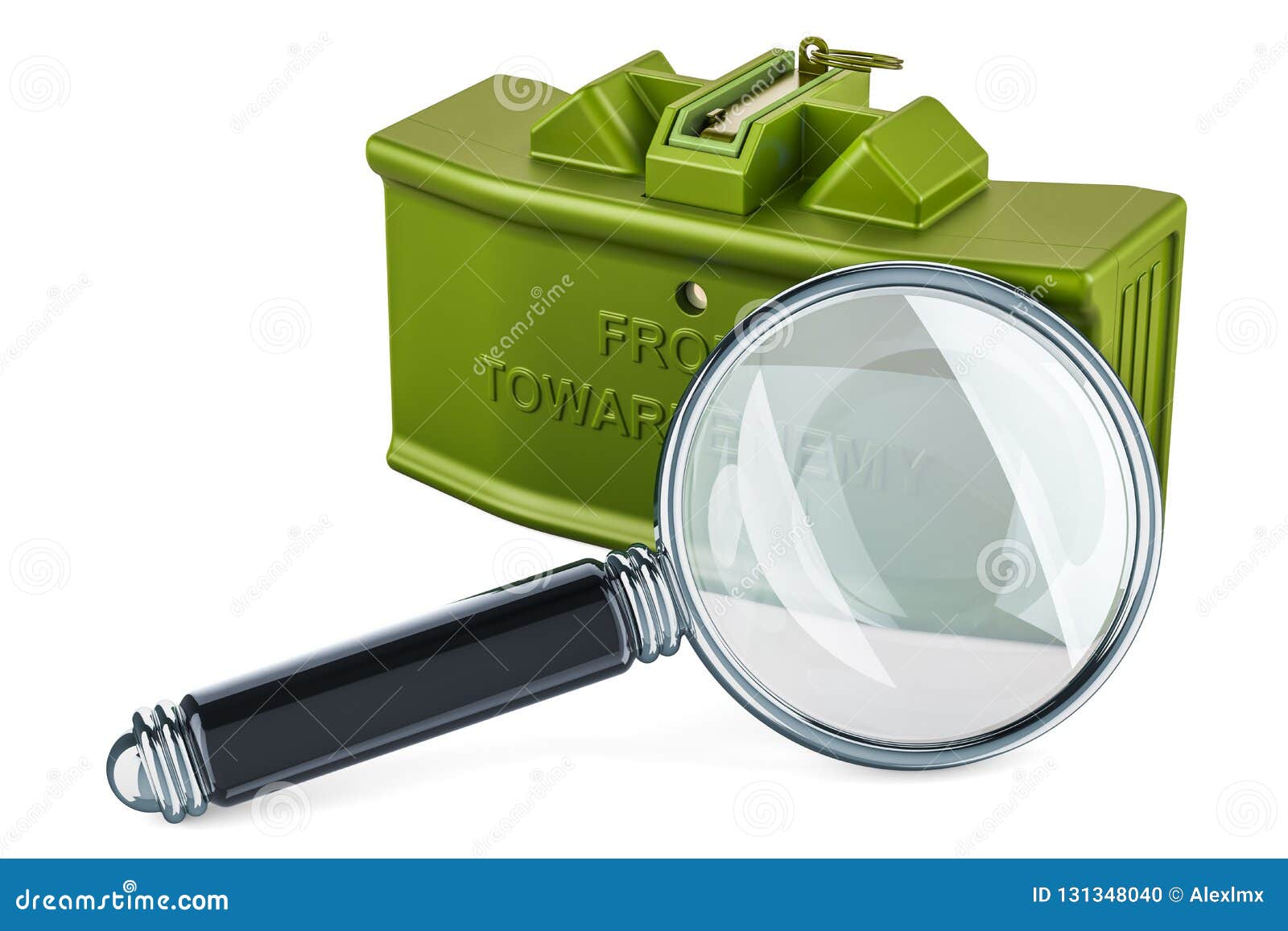 magnifier with anti-personnel mine, 3d rendering