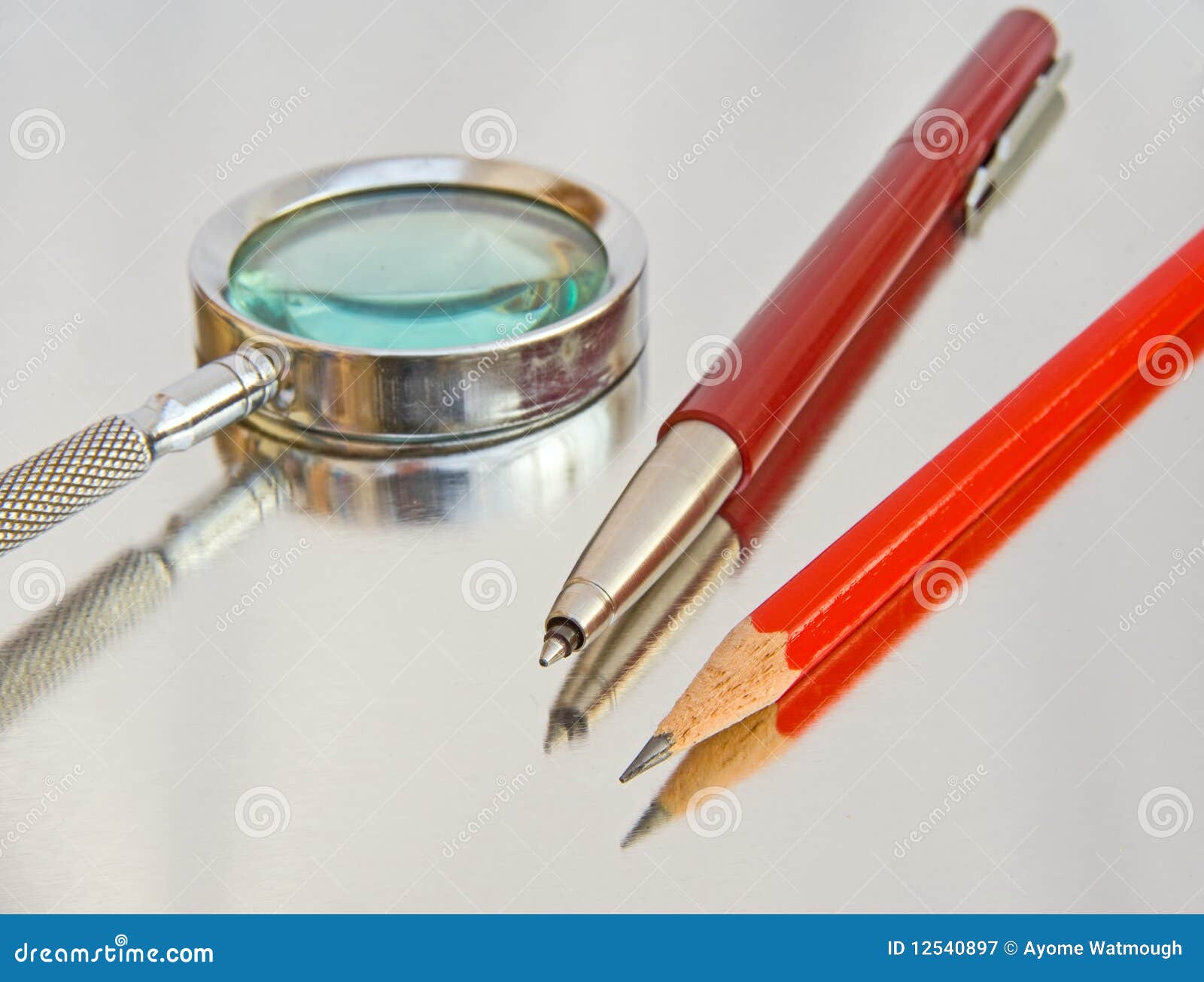 Magnifier, Biro and Pencil. Stock Image Image of form, sighted 12540897