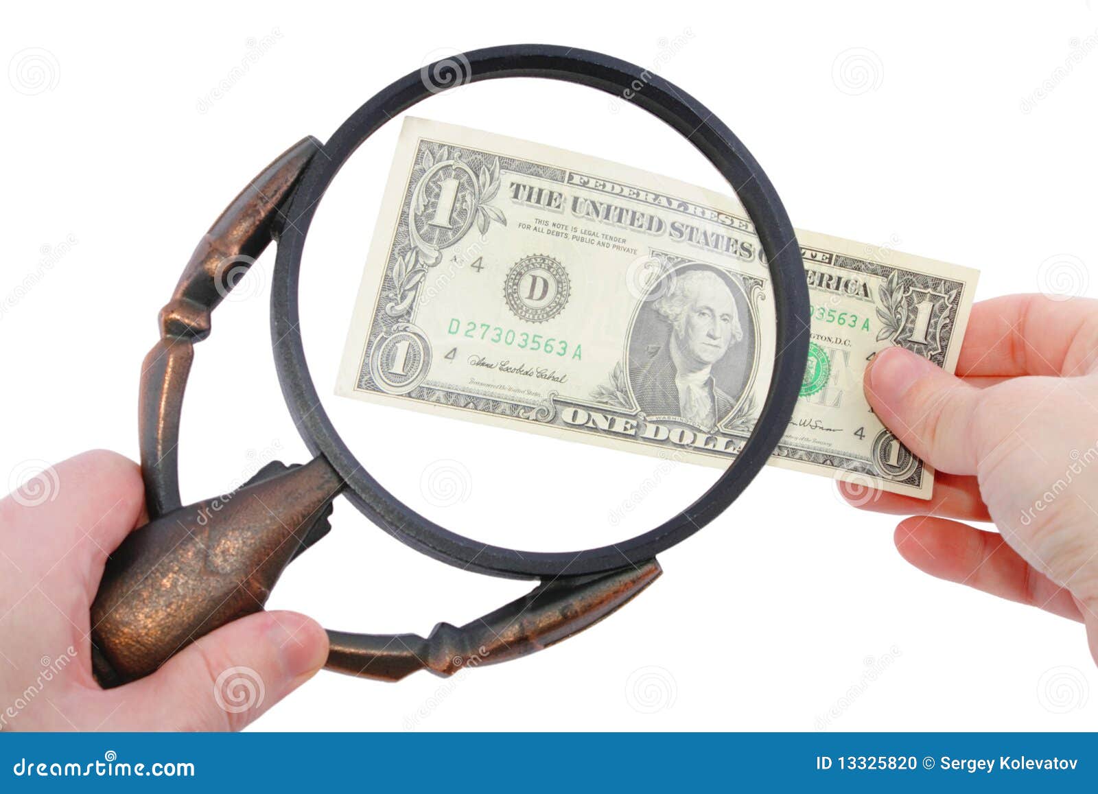 Magnifier and Dollar in Hands Stock Photo Image of hand, eyesight