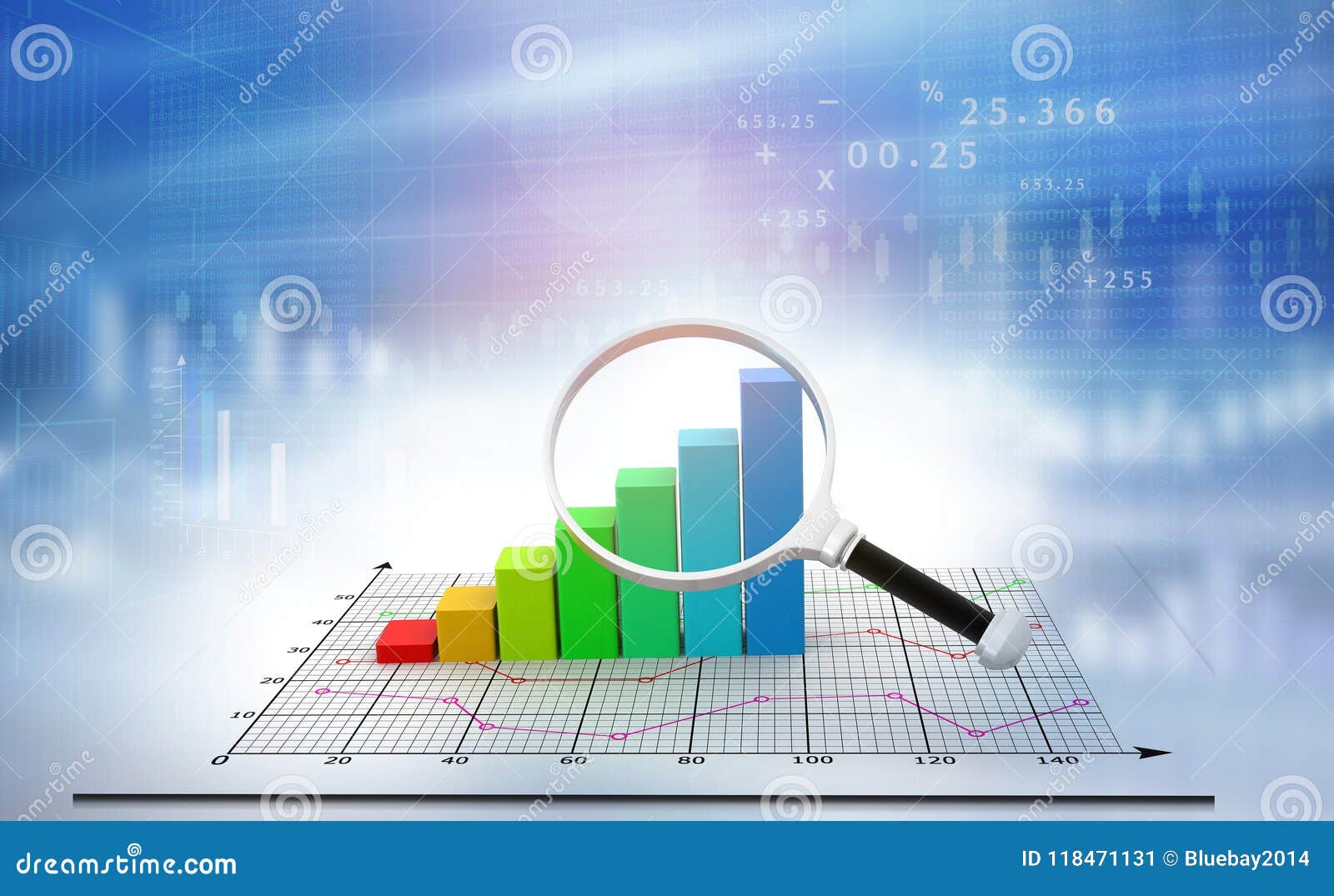 magnifier focuses financial growth chart