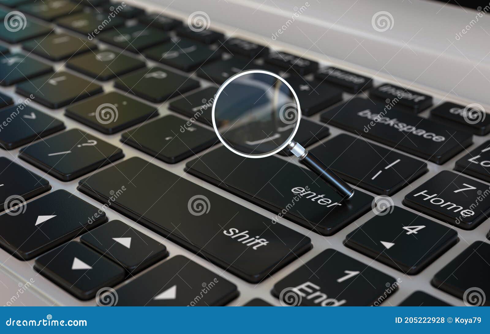 Magnifier Glass 3d Icon on Laptop Keyboard, 3d Rendering Stock