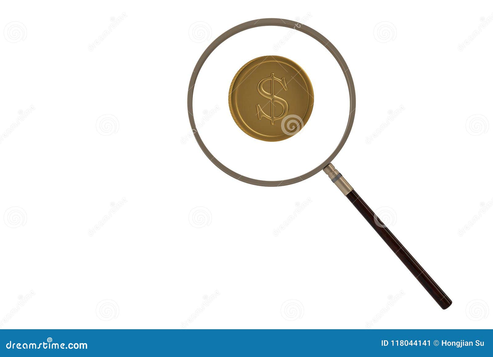 Magnifier with Gold Coins.3D Illustration. Stock Illustration