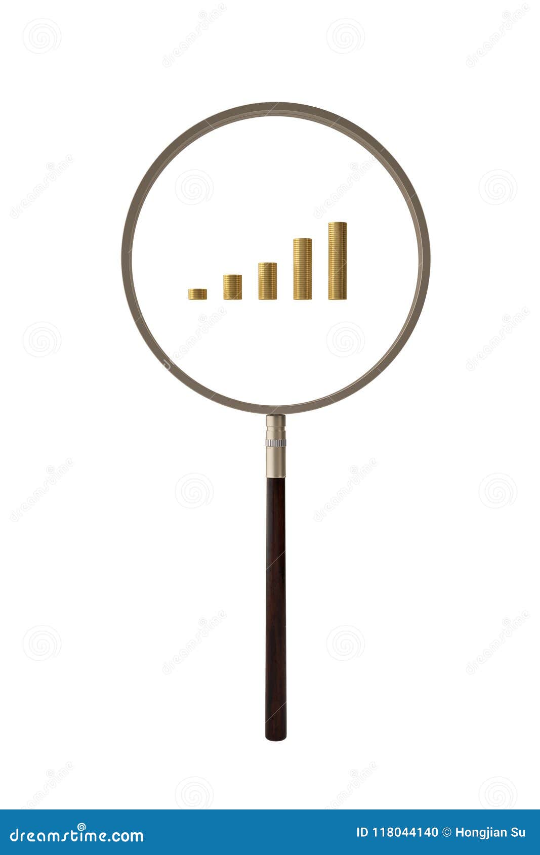 Magnifier with Stack of Gold Coins.3D Illustration. Stock Illustration