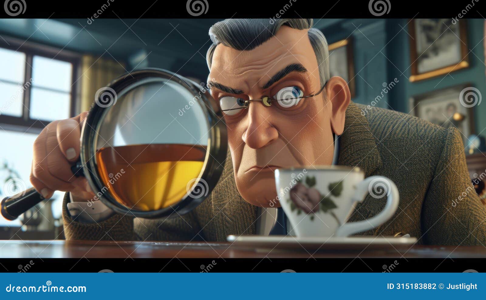 a magnifying gl holding a mug of tea trying to decipher a cryptic clue while his colleagues jealously eye his break time