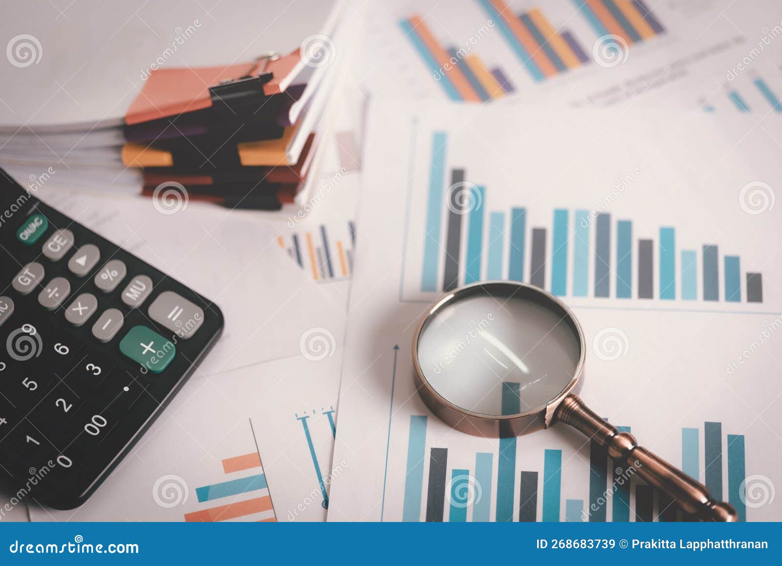 Magnifying Glass, Calculator ,and Business Statistical Charts Report