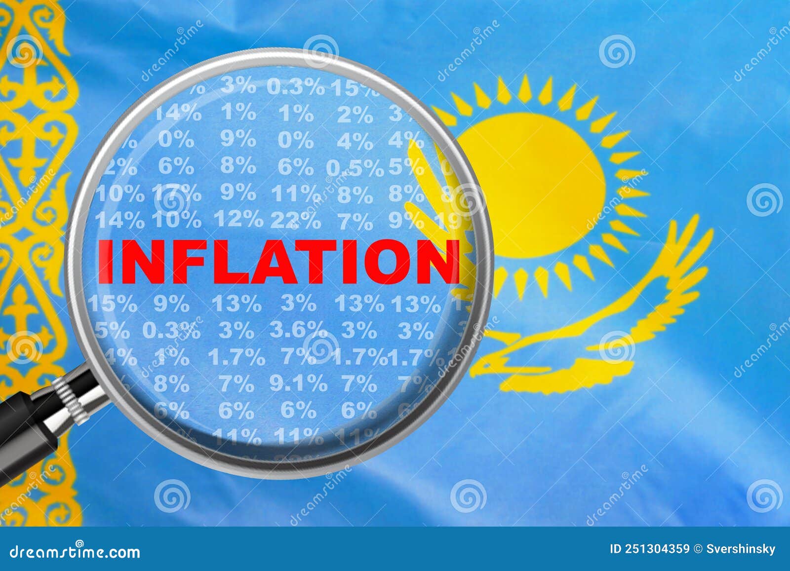 Loupe Focused on the Word Inflation on Kazakhstan Flag Background