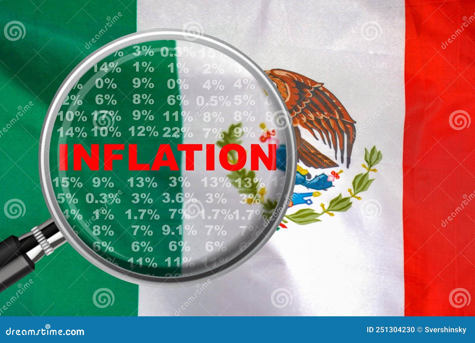 Loupe Focused on the Word Inflation on Mexico Flag Background