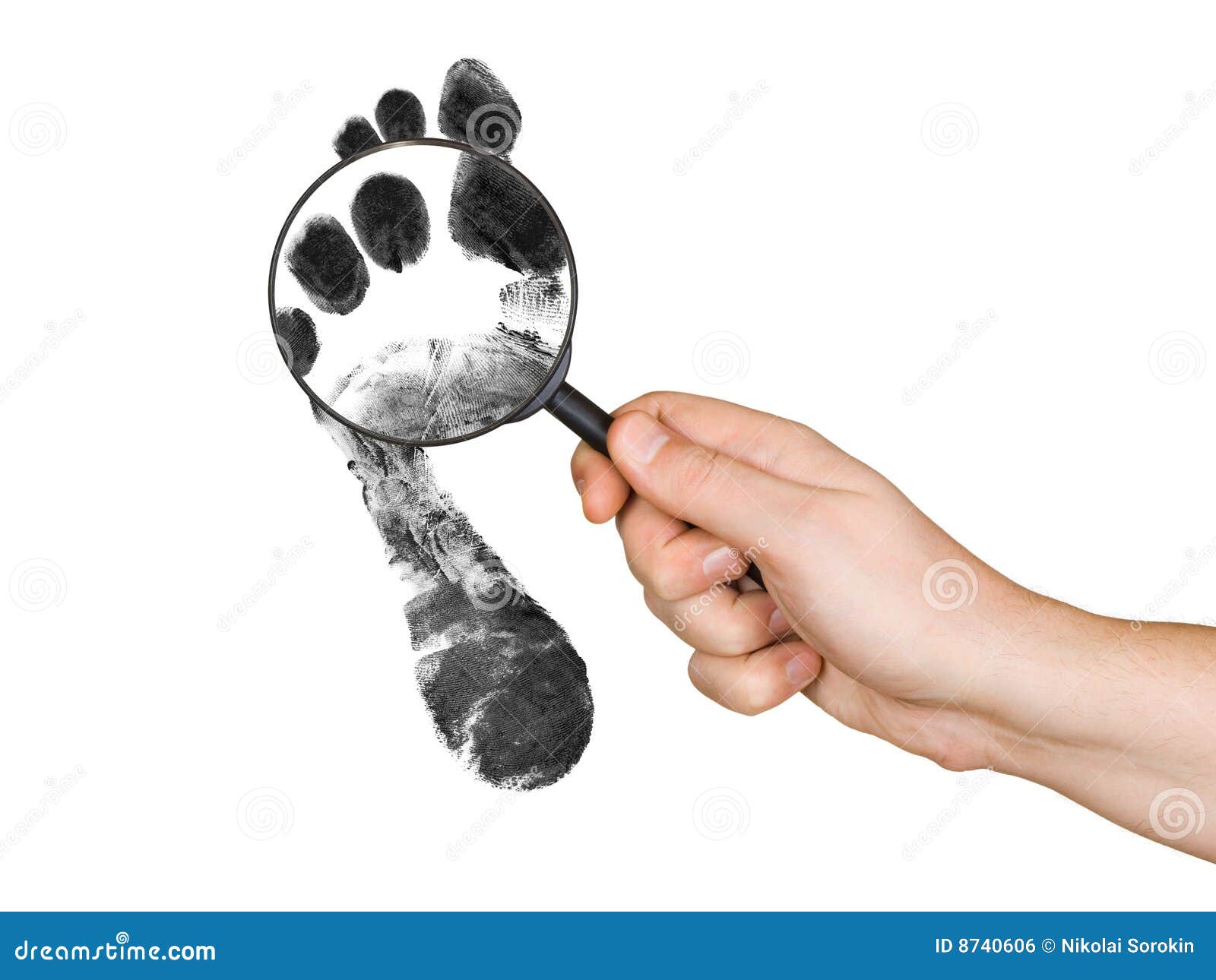 magnifying glass in hand and foot printout
