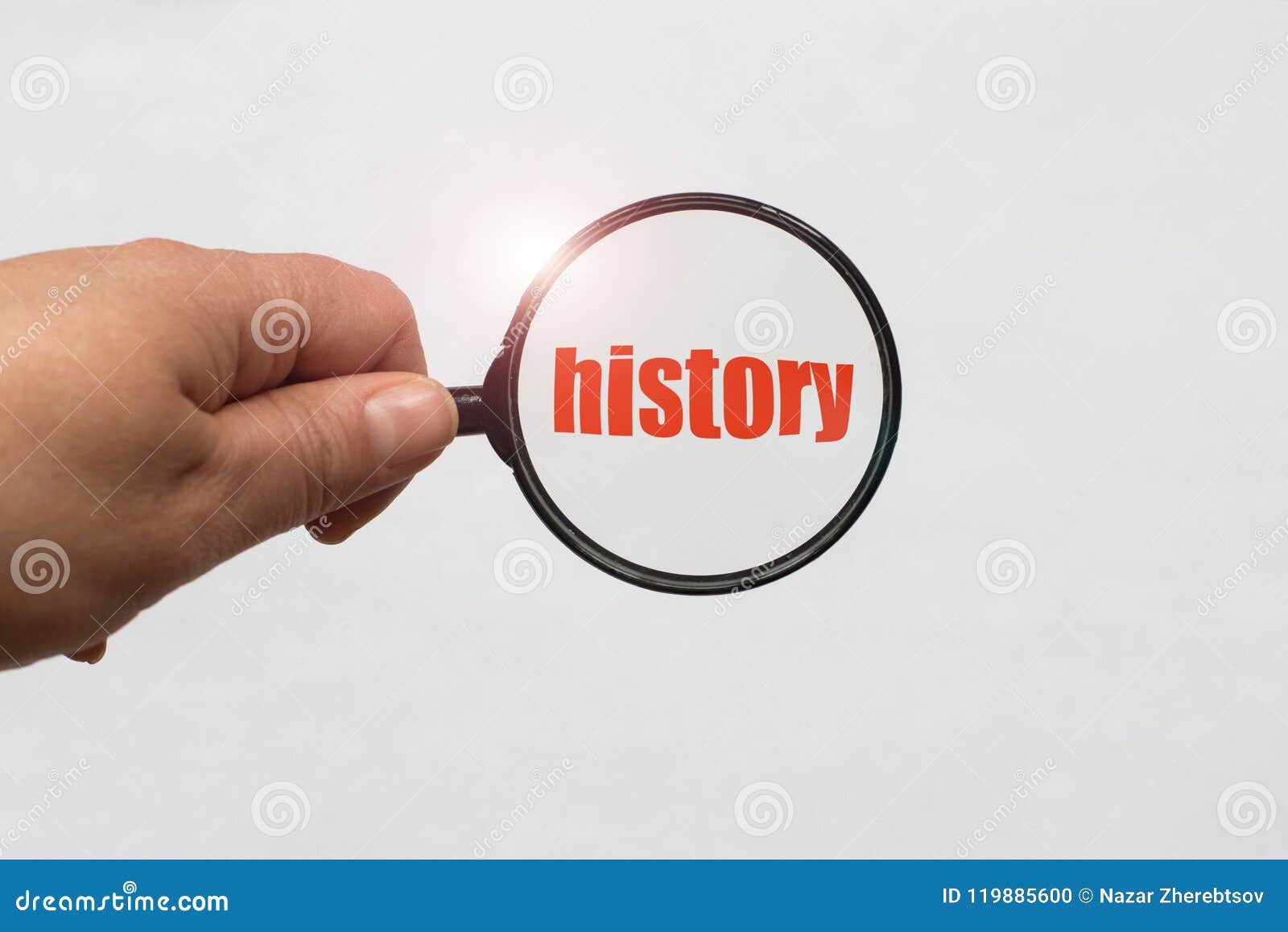 Magnifying Glass in Hand and a History Word on the White Background