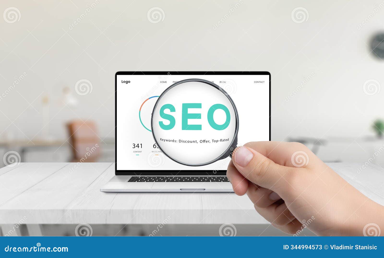 magnifying glass highlighting seo on laptop screen, izing optimization