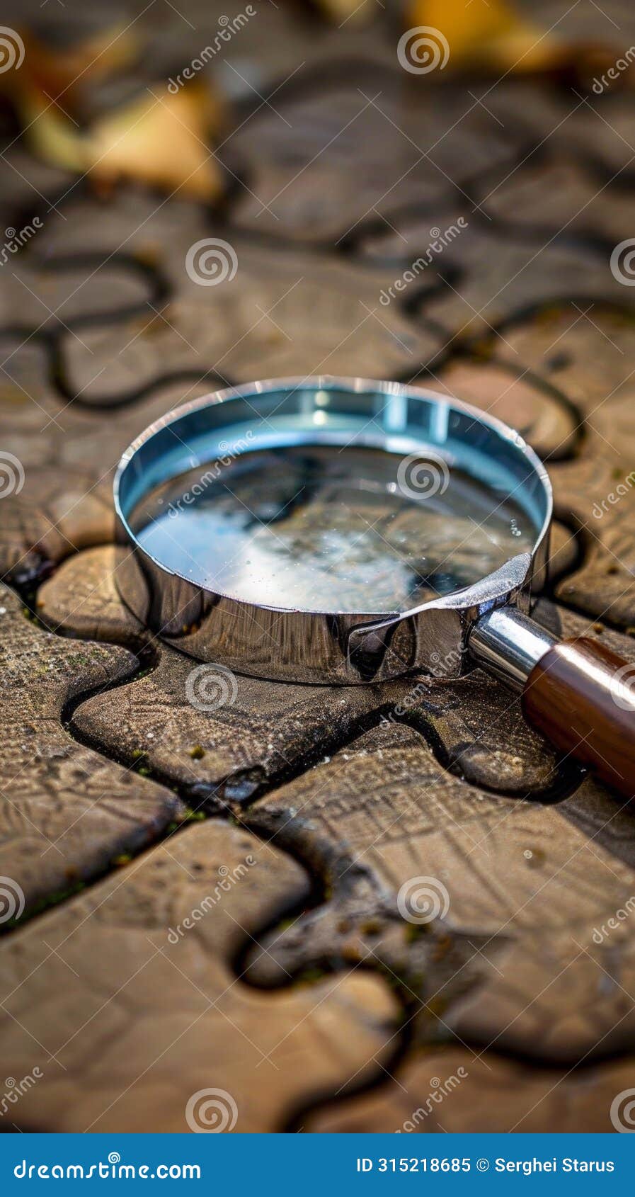 A Magnifying Glass on a Jigsaw Puzzle with Wooden Handle, AI Stock