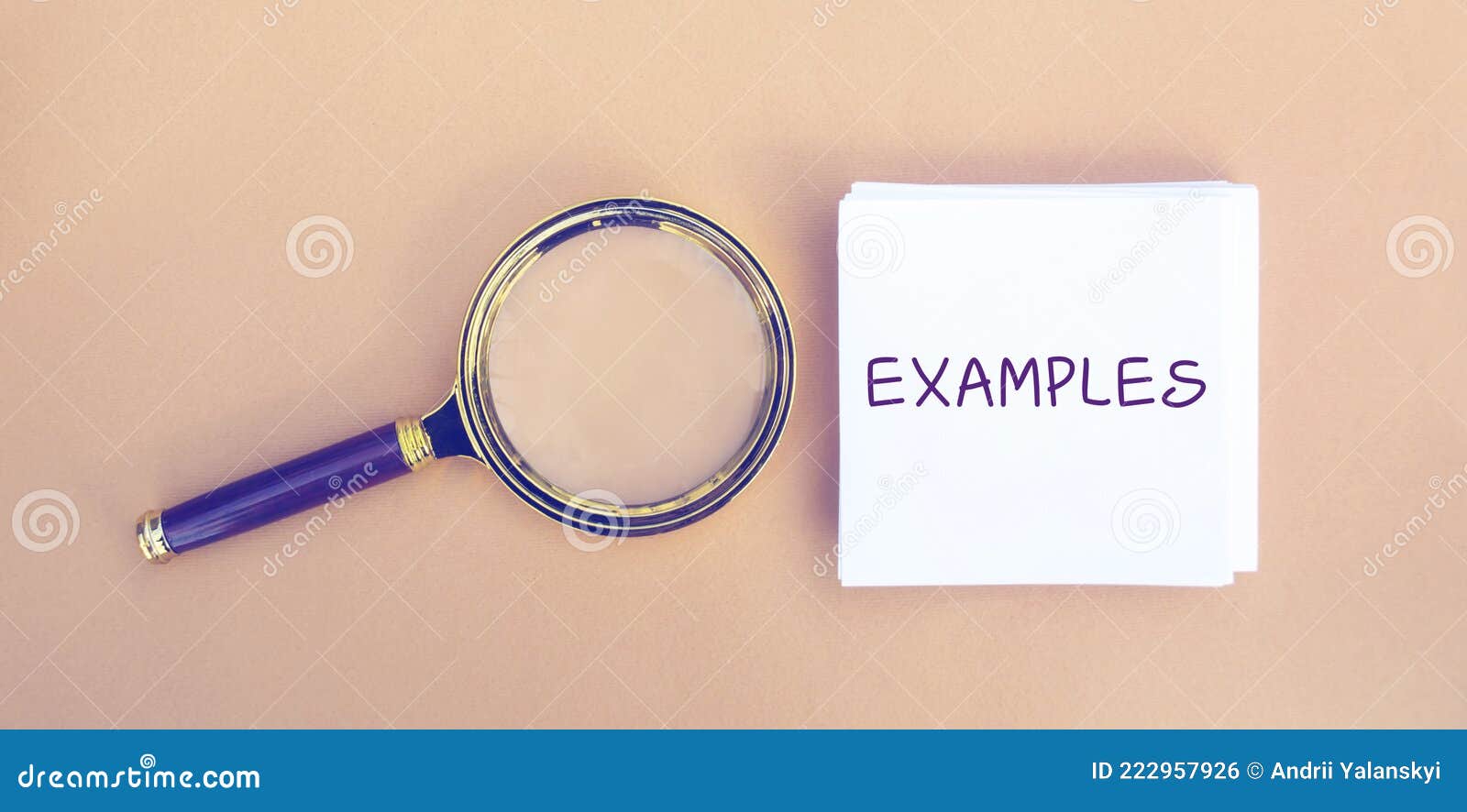 magnifying glass and a note with the word examples. example, instance, sample. business, marketing and training concept. flat lay