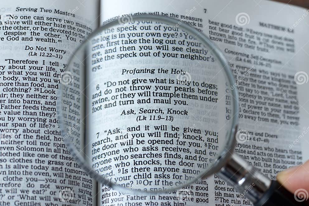 Magnifying Glass Over Open Holy Bible Book, Closeup, Ask, Search