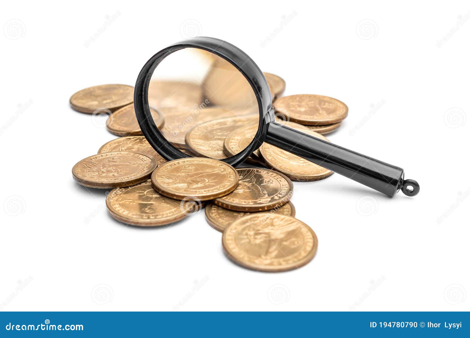 Magnifying Glass on the Pile of Coins on White Background Stock