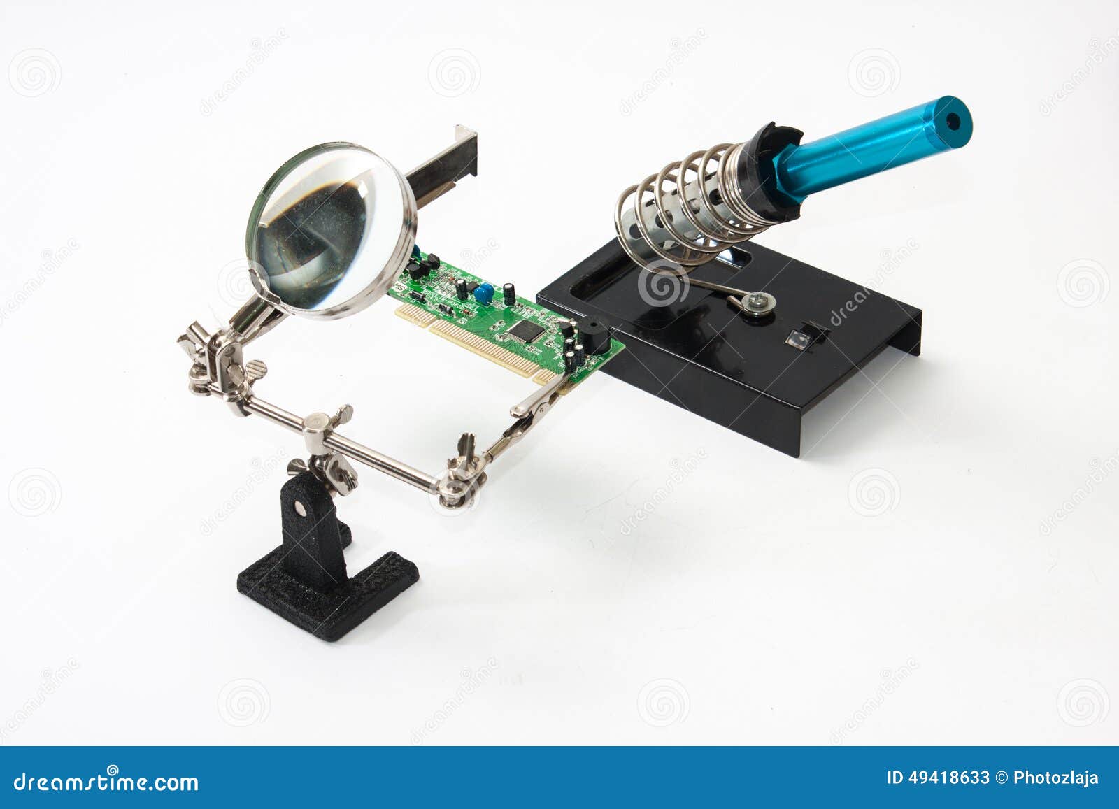 Magnifying Glass with Printed Circuit Board and Soldering Iron Stock Image Image of science