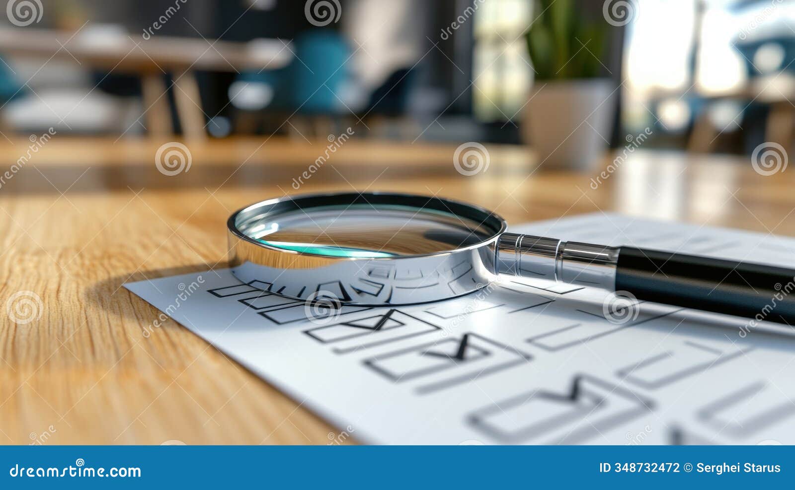 magnifying glass on a checklist on a wooden table, izing attention to detail, ai