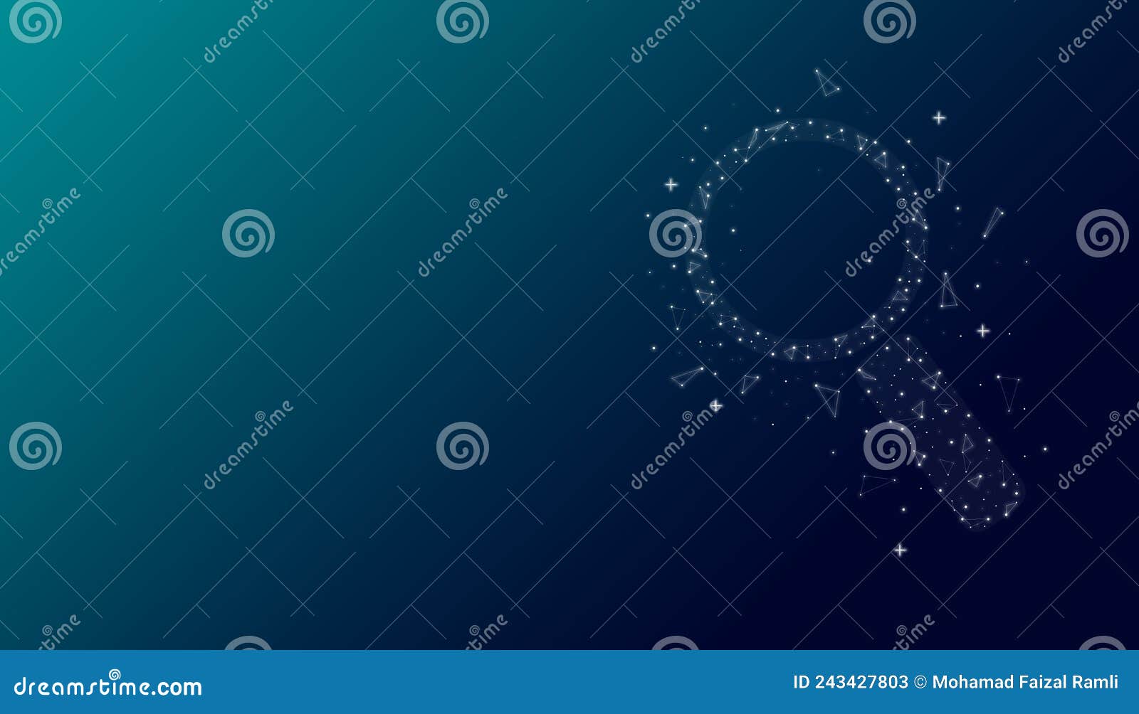 Magnifying Glass Symbol with a Glowing Particles. Copy Space Stock