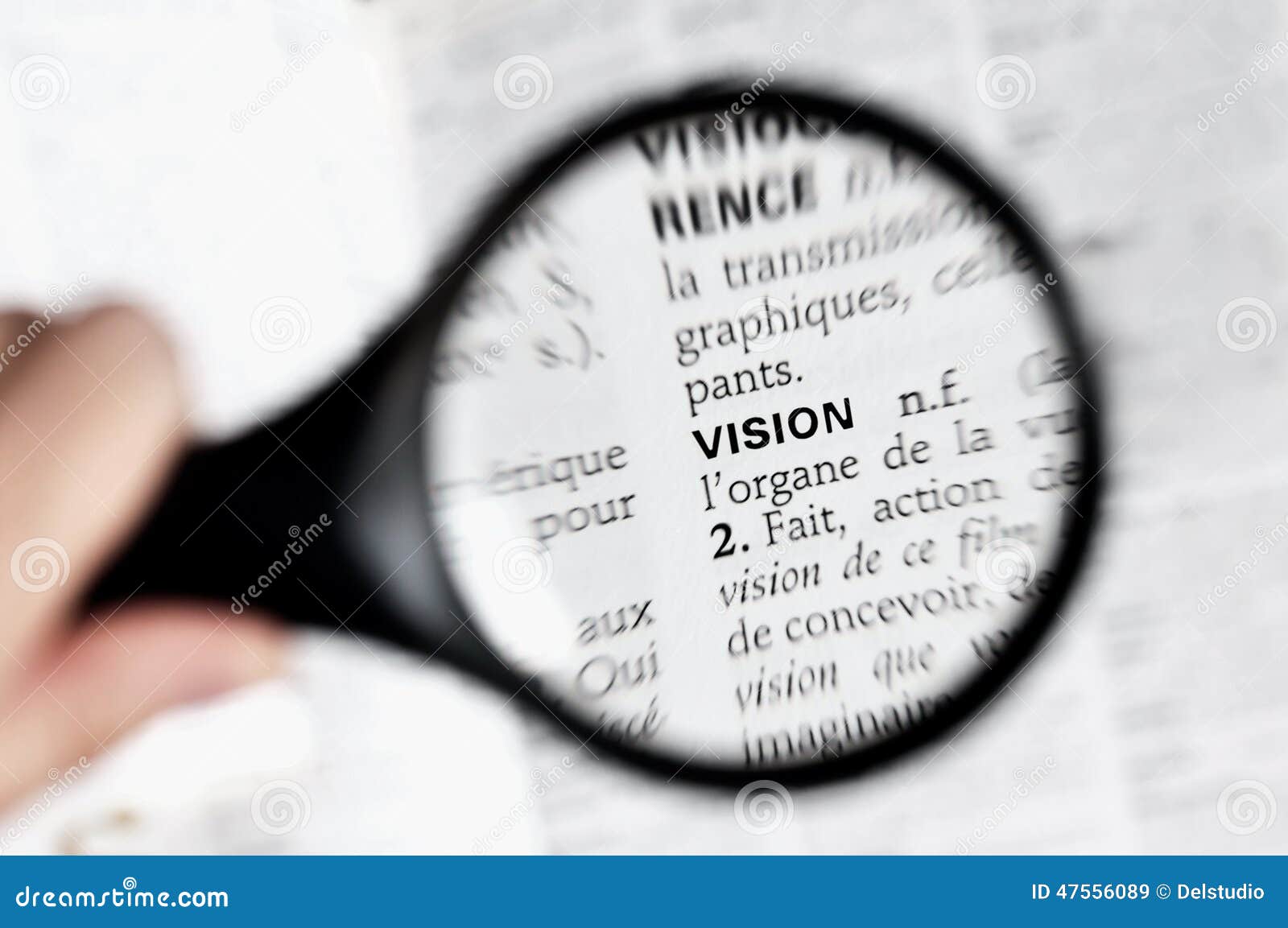 magnifying glass on the word vison in a dictionary