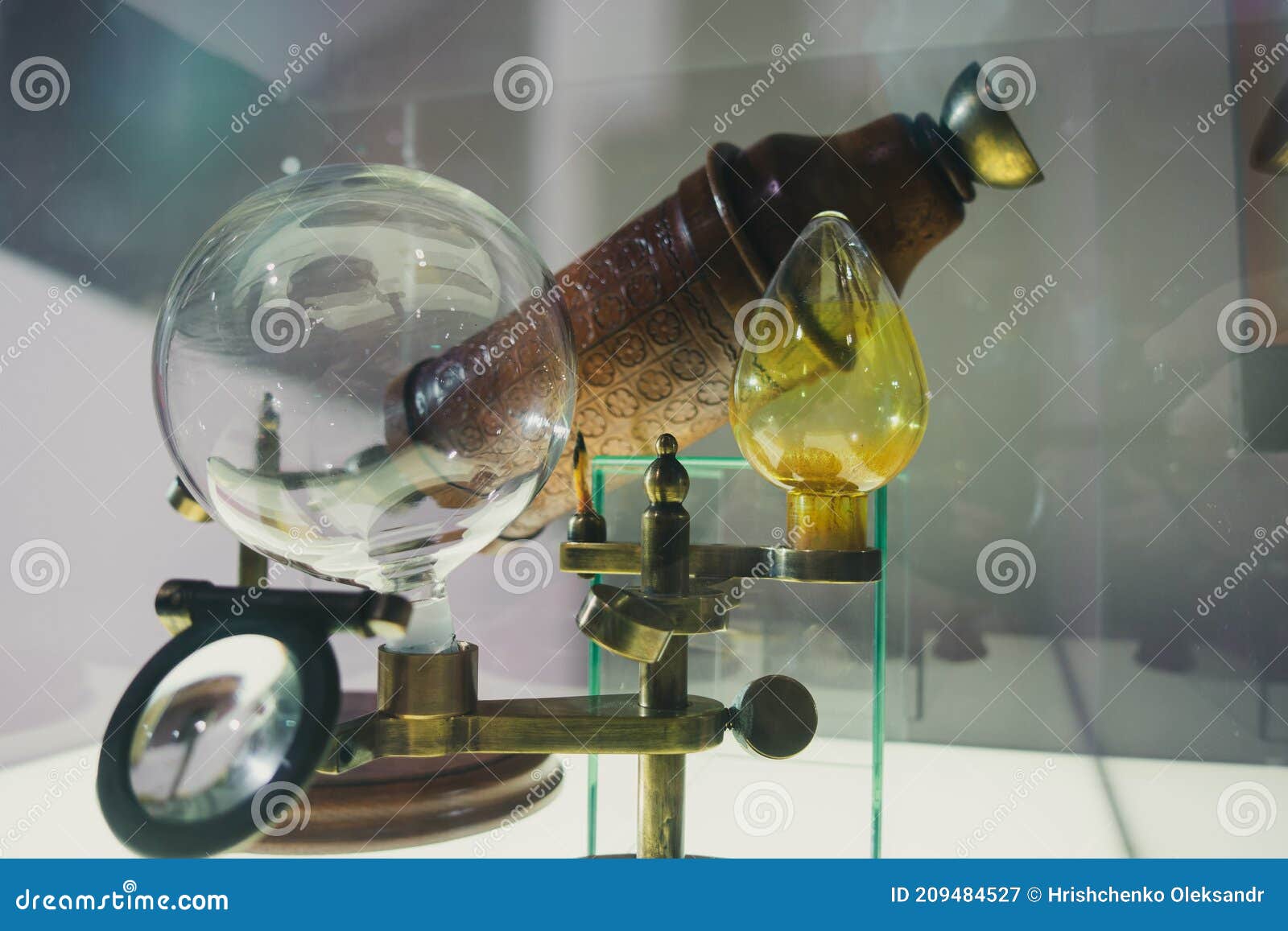 Magnifying Lens of the Microscope. Old Iron Microscope with Magnifying