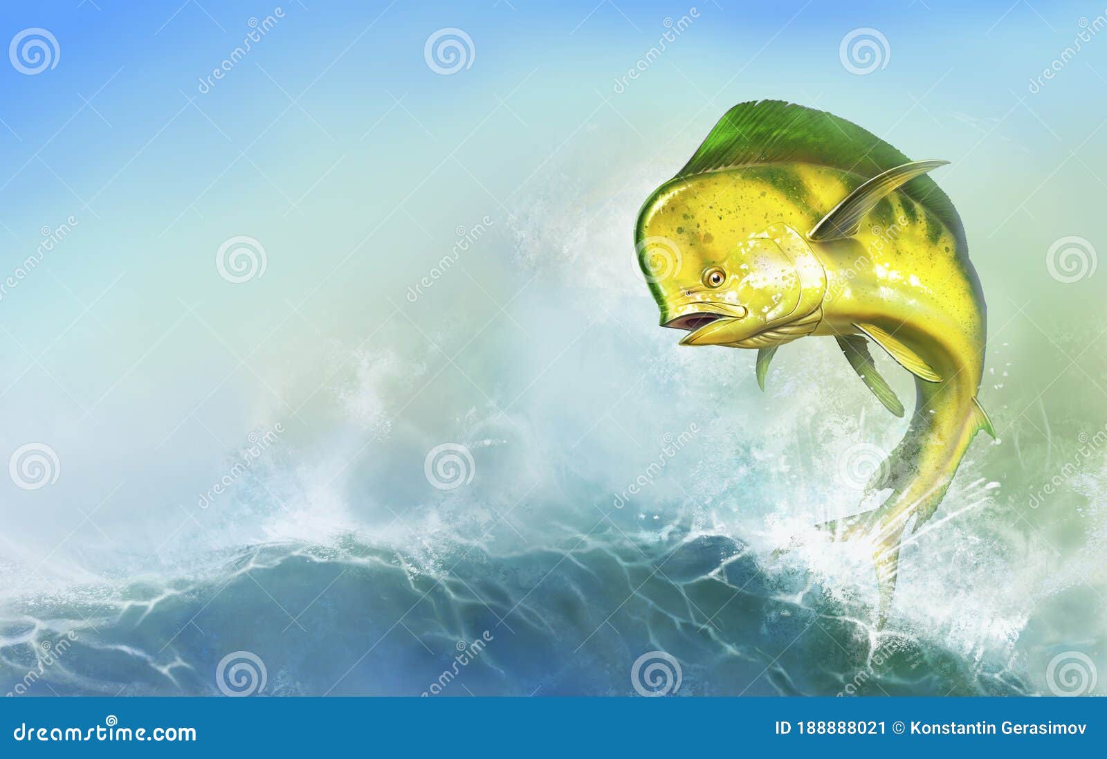 mahi mahi yellow or dolphin fish on sea wave. big dorado fish yellow-green realistic background 