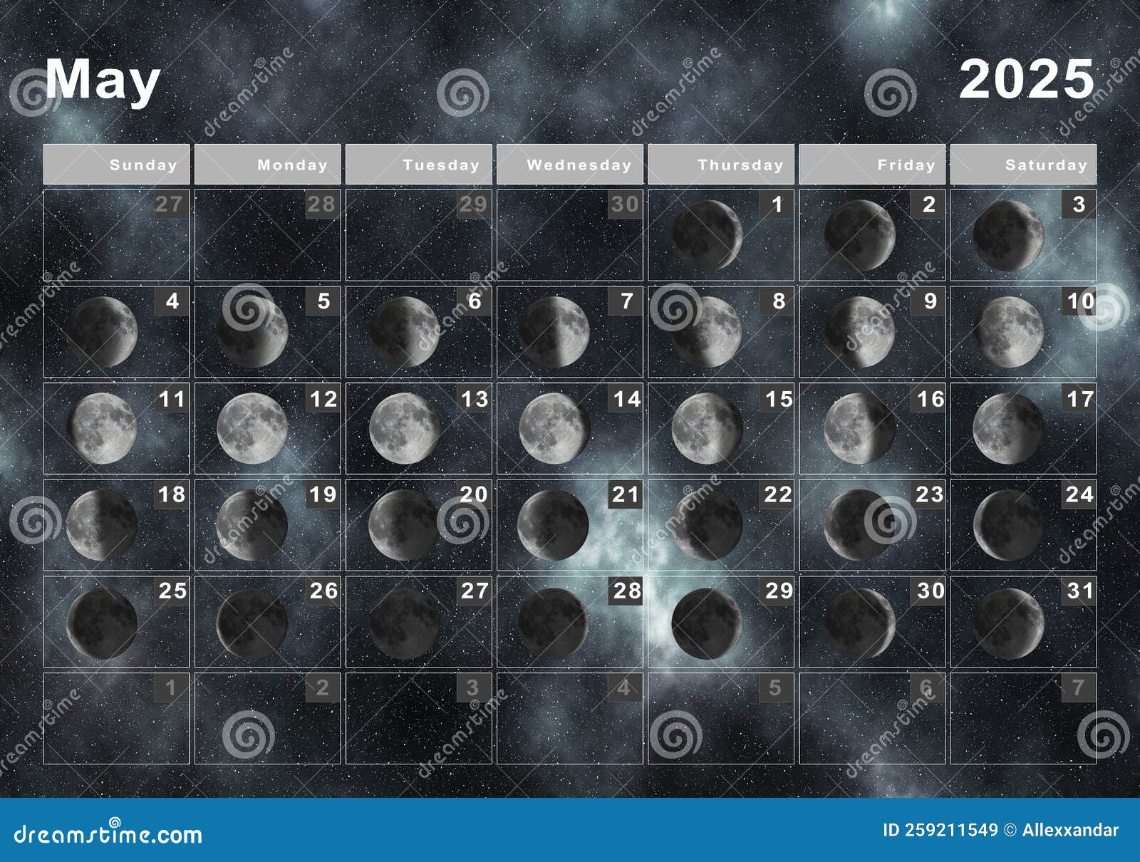 Mai 2025 Lunaire Calendrier Lunaire Cycles Lune Illustration Stock