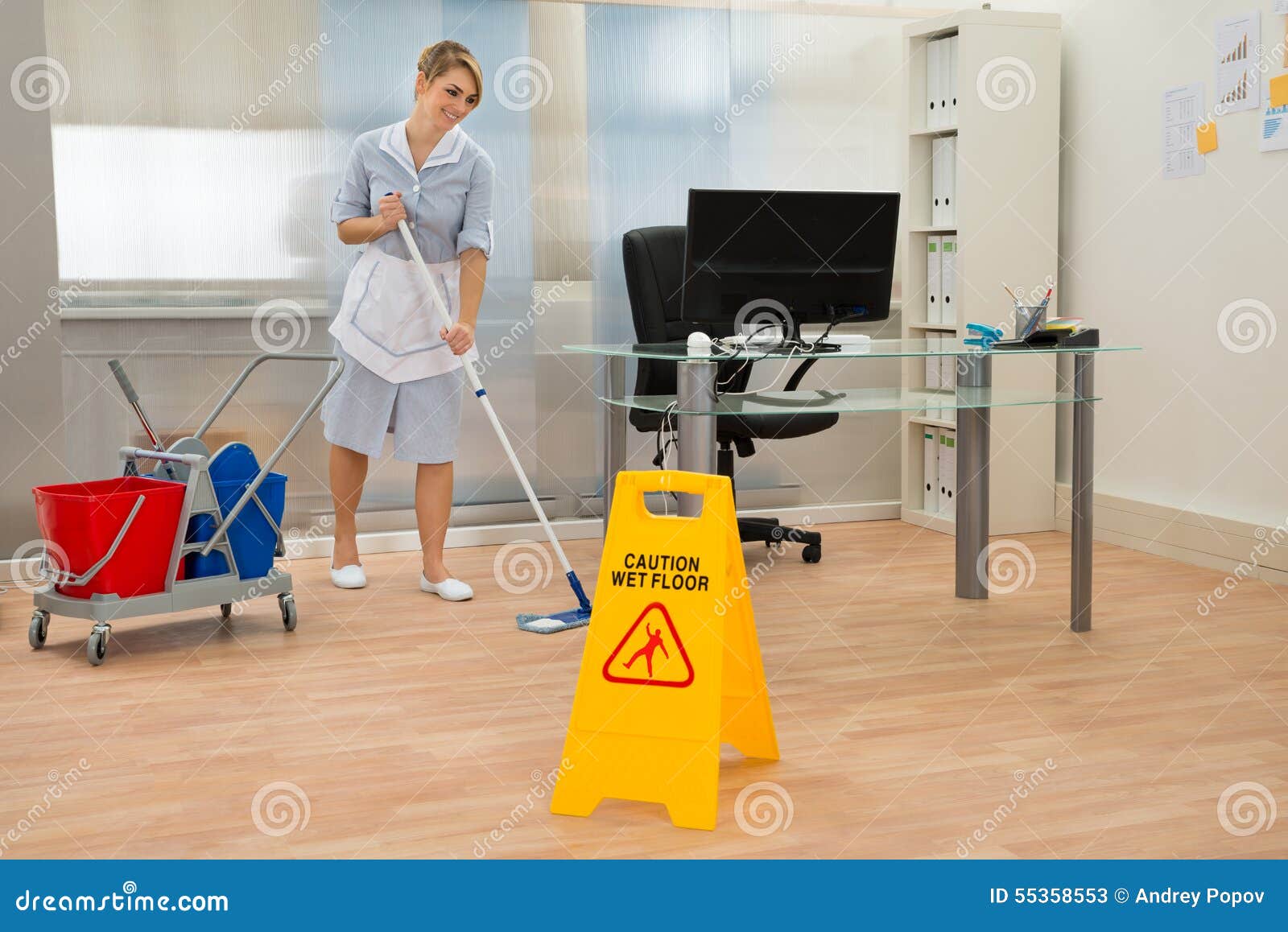 Maid Cleaning Floor in Office Stock Image - Image of lifestyle, desktop:  55358553