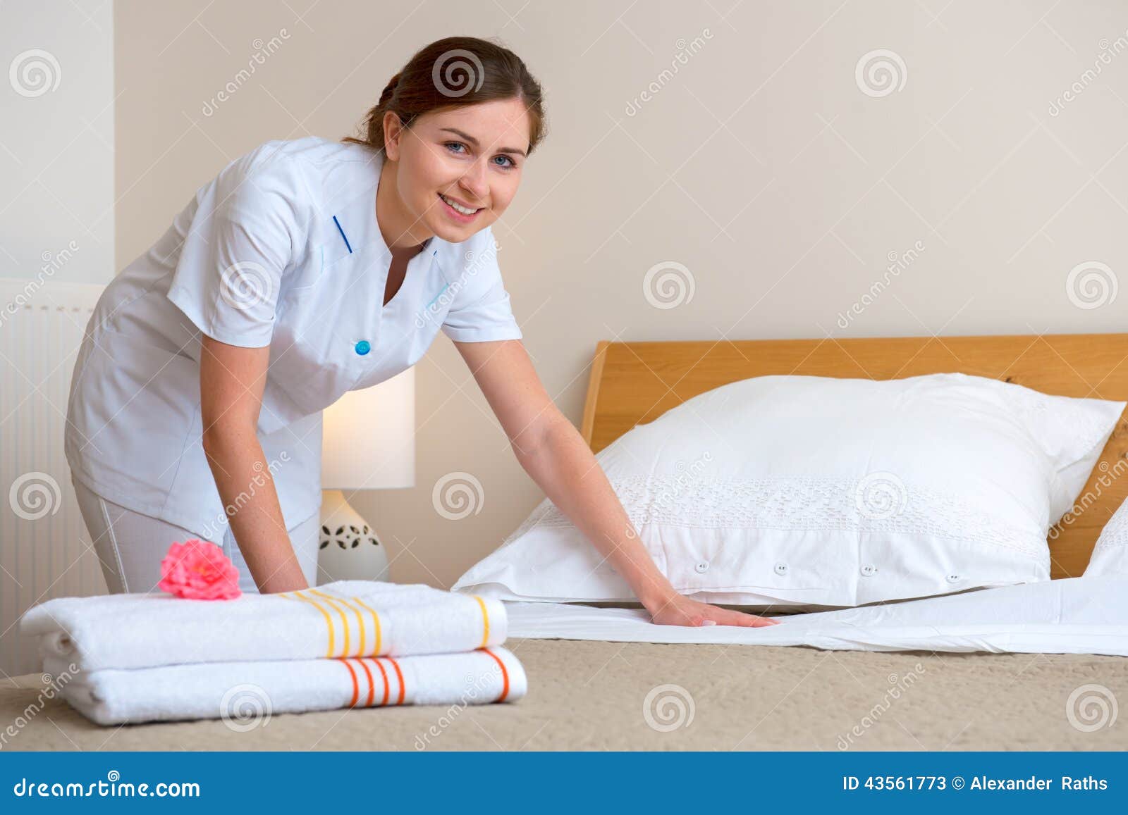 Maid Making Bed in Hotel Room Stock Image Image of cleanliness