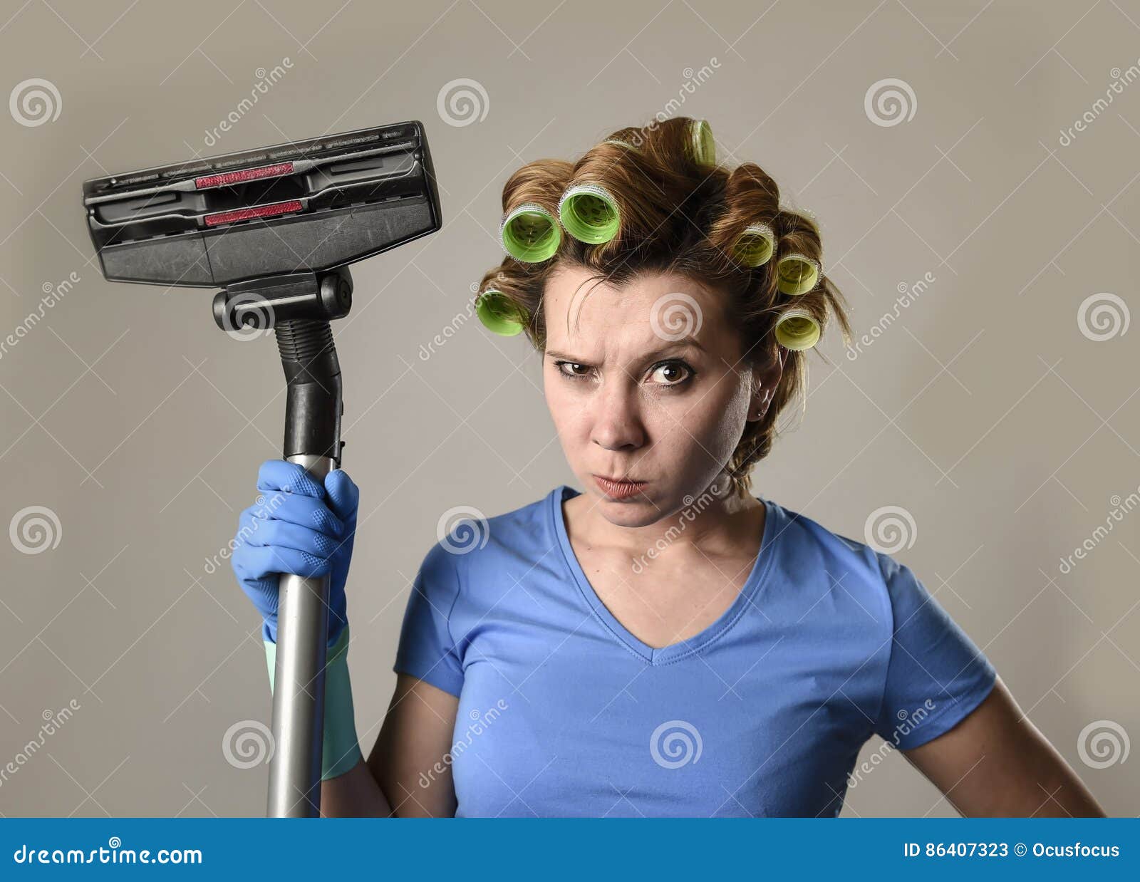 Maid Service Woman or Upset Housewife in Hair Rollers Cleaning G Stock ...