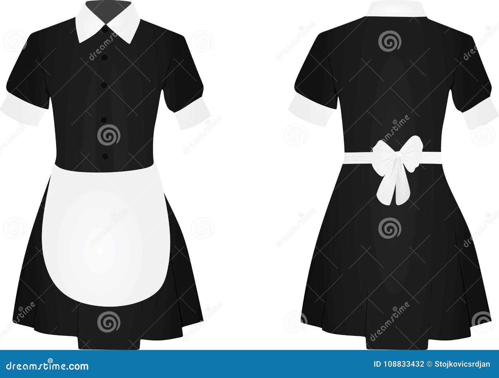 Maid Uniform Front And Back View. White Women Clothing With A Black Apron, Collar And Cuffs