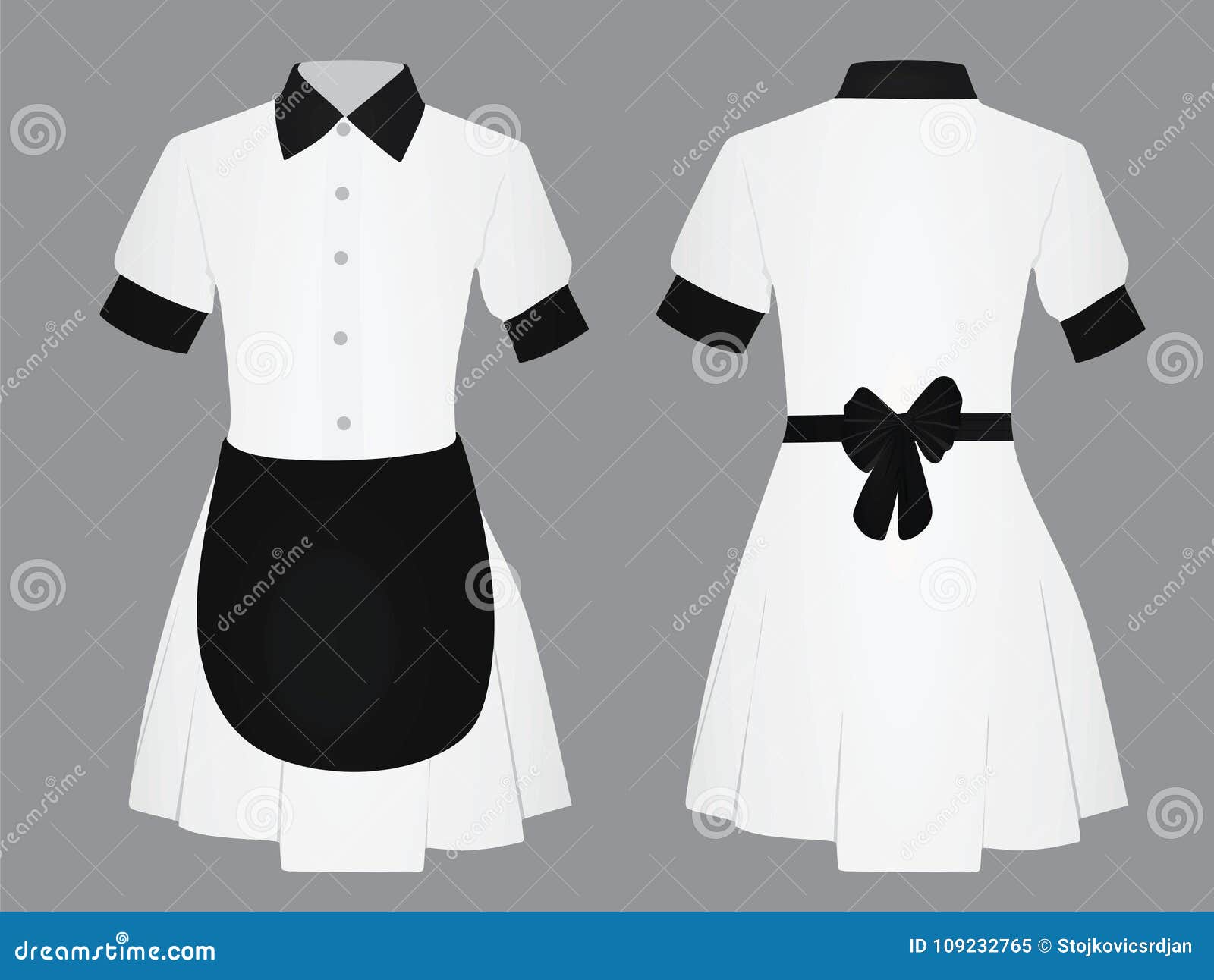 Maid Uniform Front And Back View. White Women Clothing With A Black Apron, Collar And Cuffs
