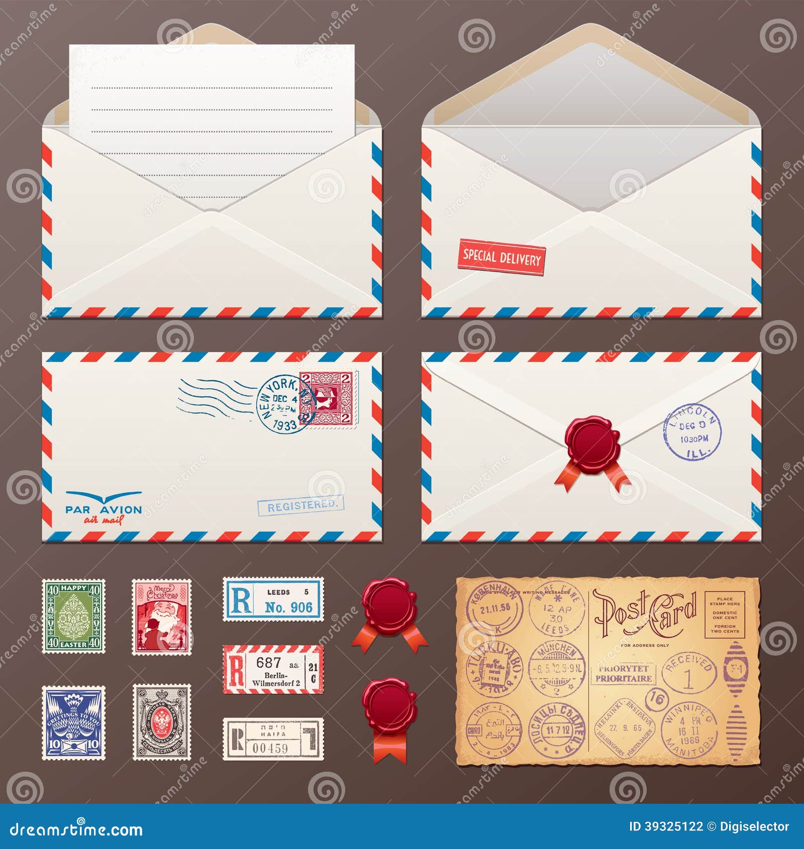 Mail Envelope, Stickers, Stamps, Postcard Stock Vector Illustration