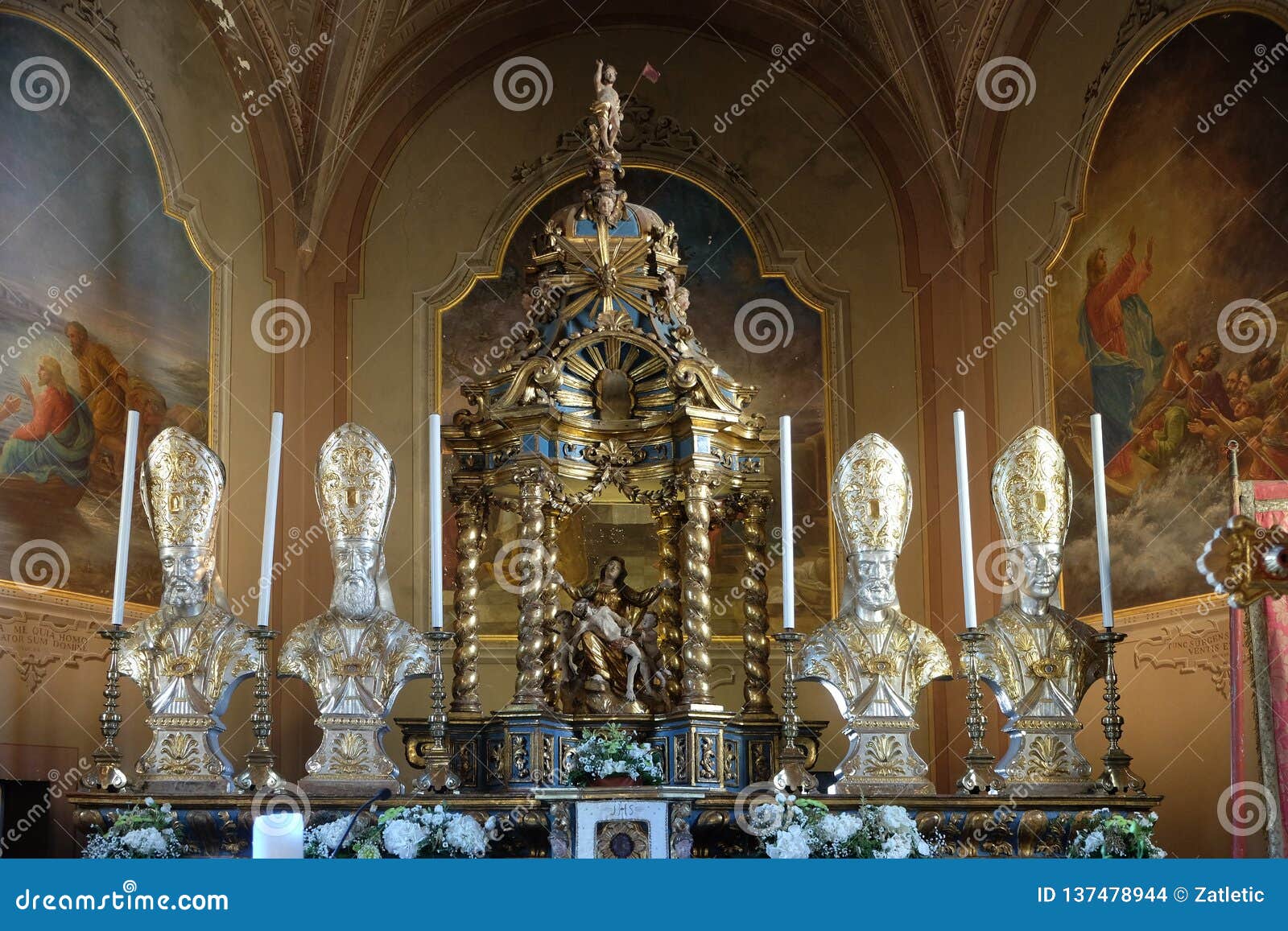 main altar in the church of st. victor on the fishermen island, borromeo islands of lake maggiore, italy