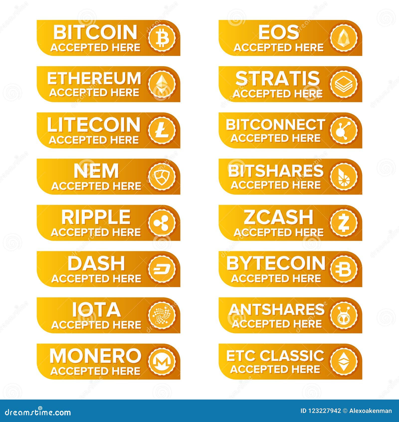 main crypto currency types payment buttons set on transparent background