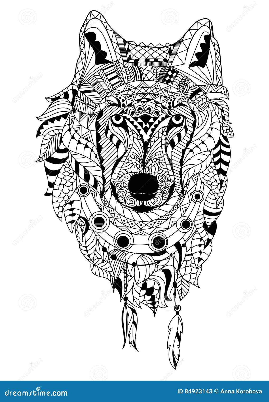 Main de schéma dessinant le loup noir d isolement sur le fond blanc Style de Dudling Tatoo Zenart Coloration pour des adultes