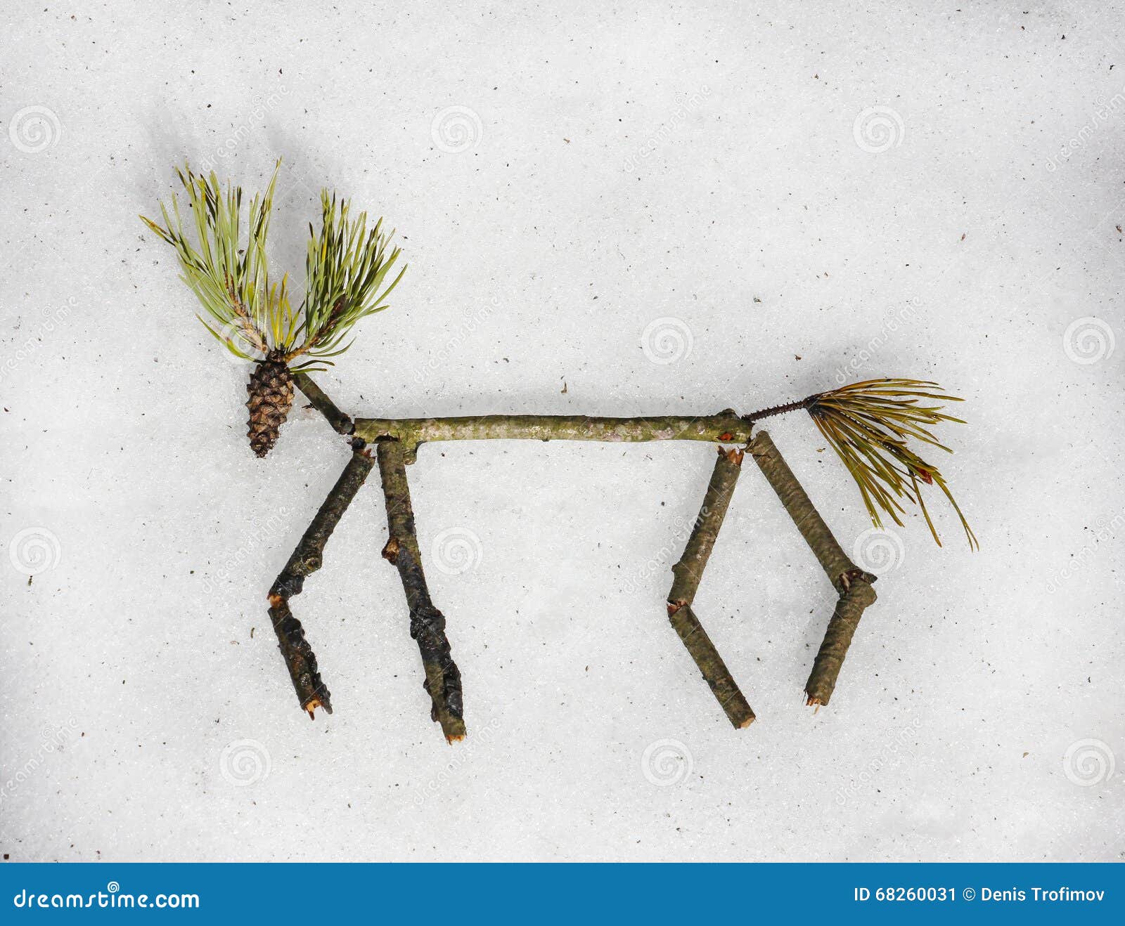 The Main View on Figure of a Moose Made of Pine Needles, Cones a Stock