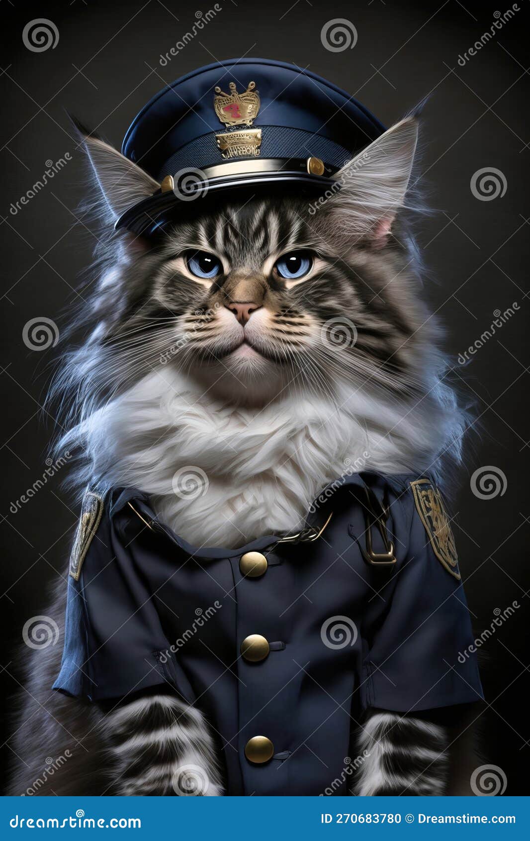 Blue-eyed Maine Coon Cat Dressed As a Proud Police Officer Poses