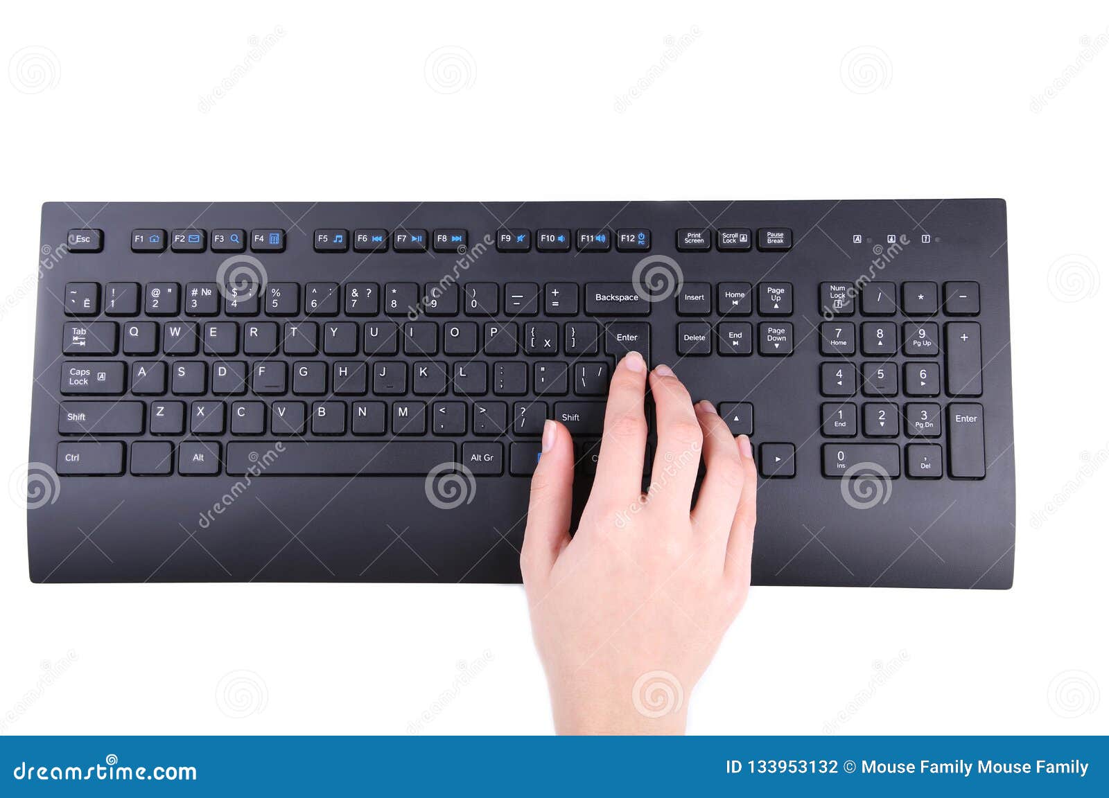 Mains ou employé de bureau féminines de femme dactylographiant sur le clavier noir D'isolement sur le fond blanc