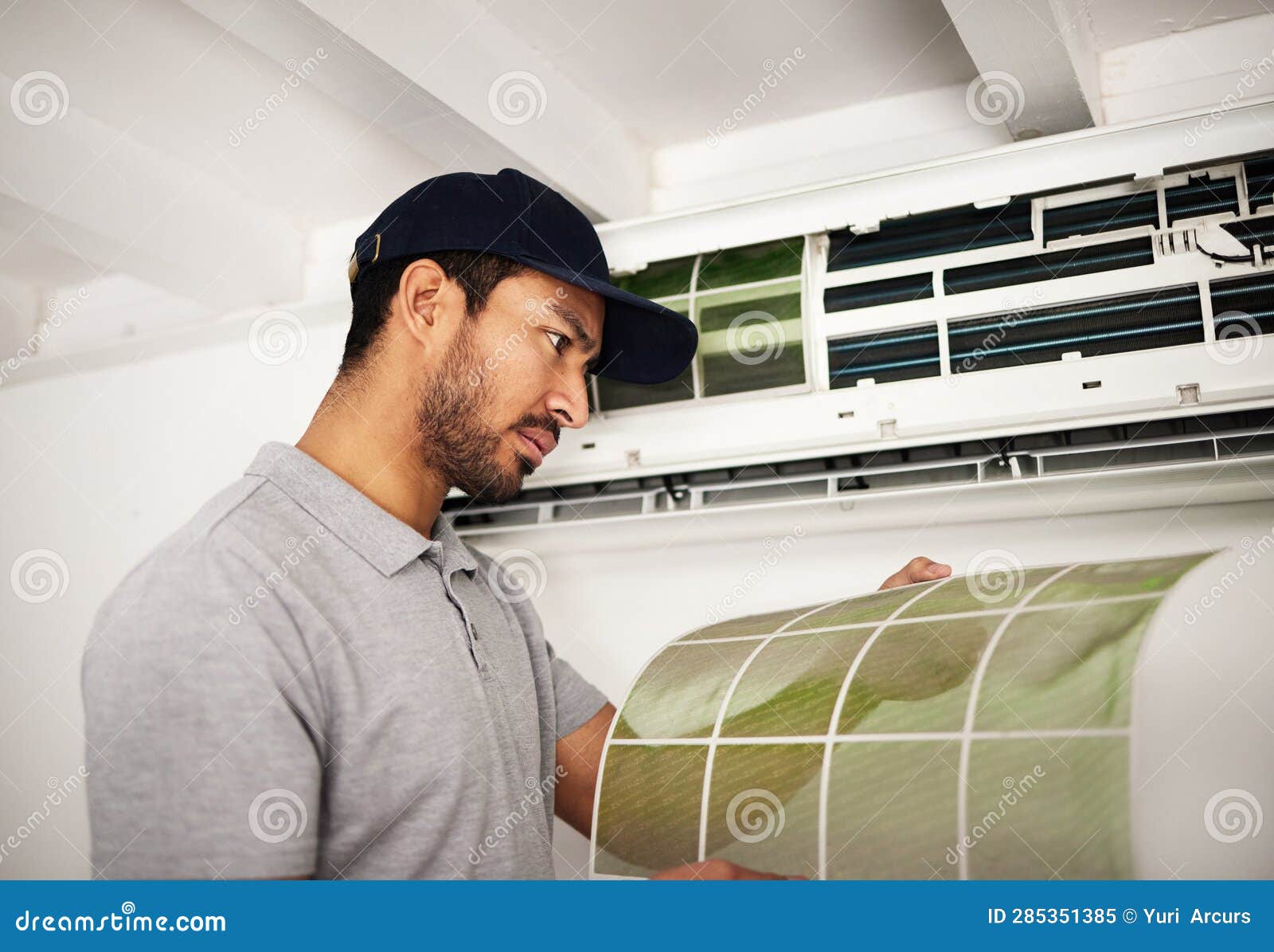 Maintenance, Air Conditioner and Man Checking Filter, Technician