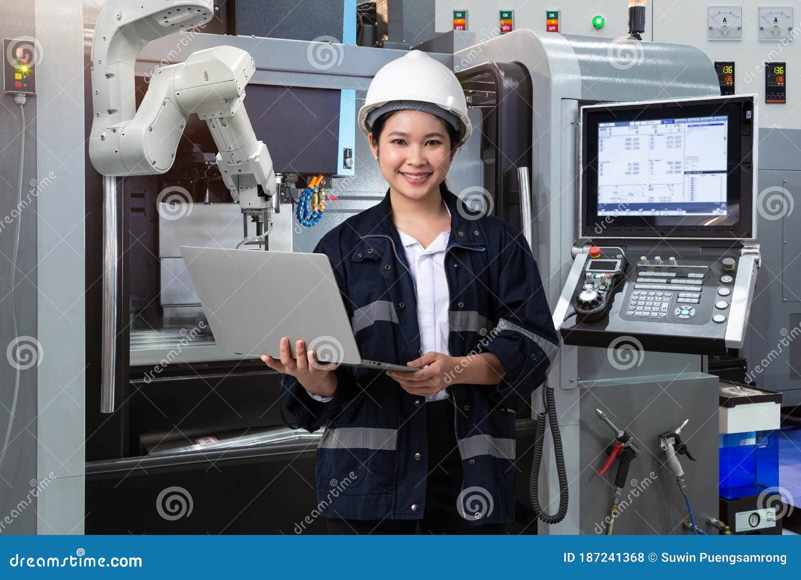 Maintenance Female Engineer Using Laptop Computer Control Automatic