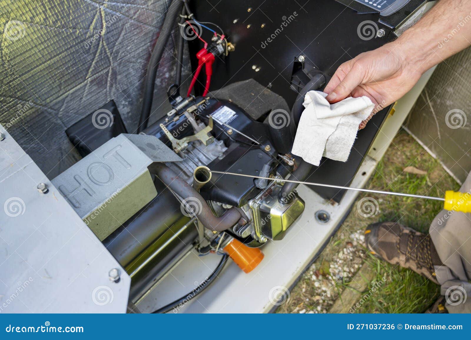 Maintenance, Mechanic Inspecting the Generator. Man Checking Engine Oil