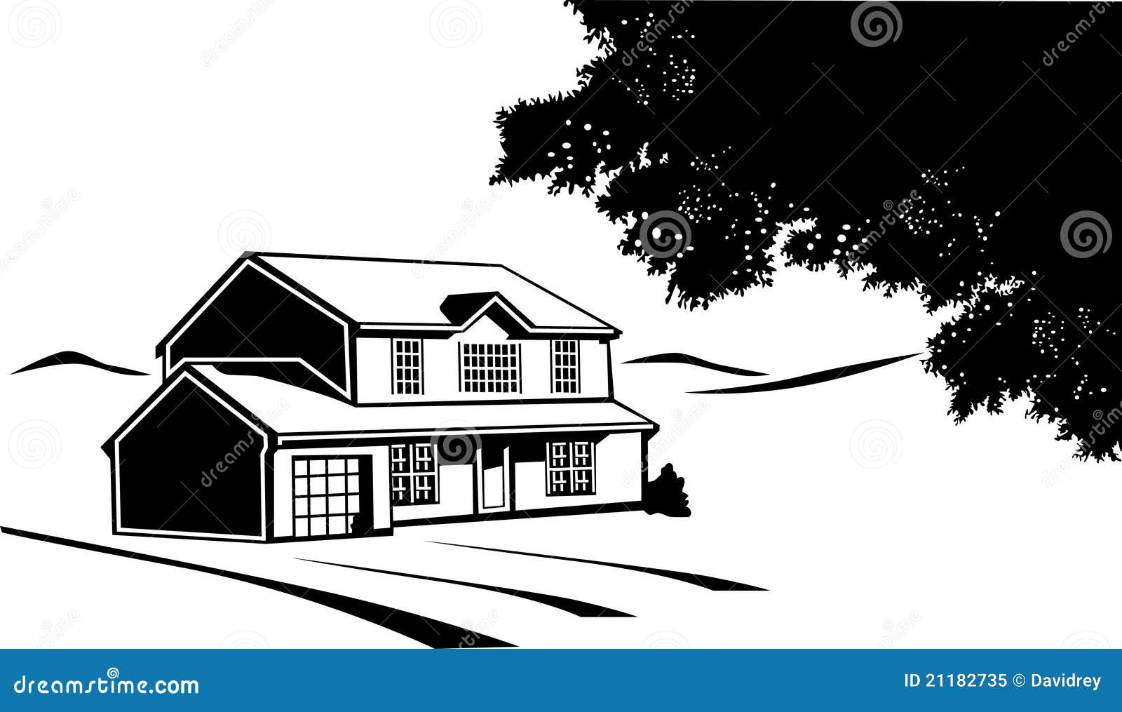 Maison Noire Et Blanche Sur Une Prairie Illustration de Vecteur