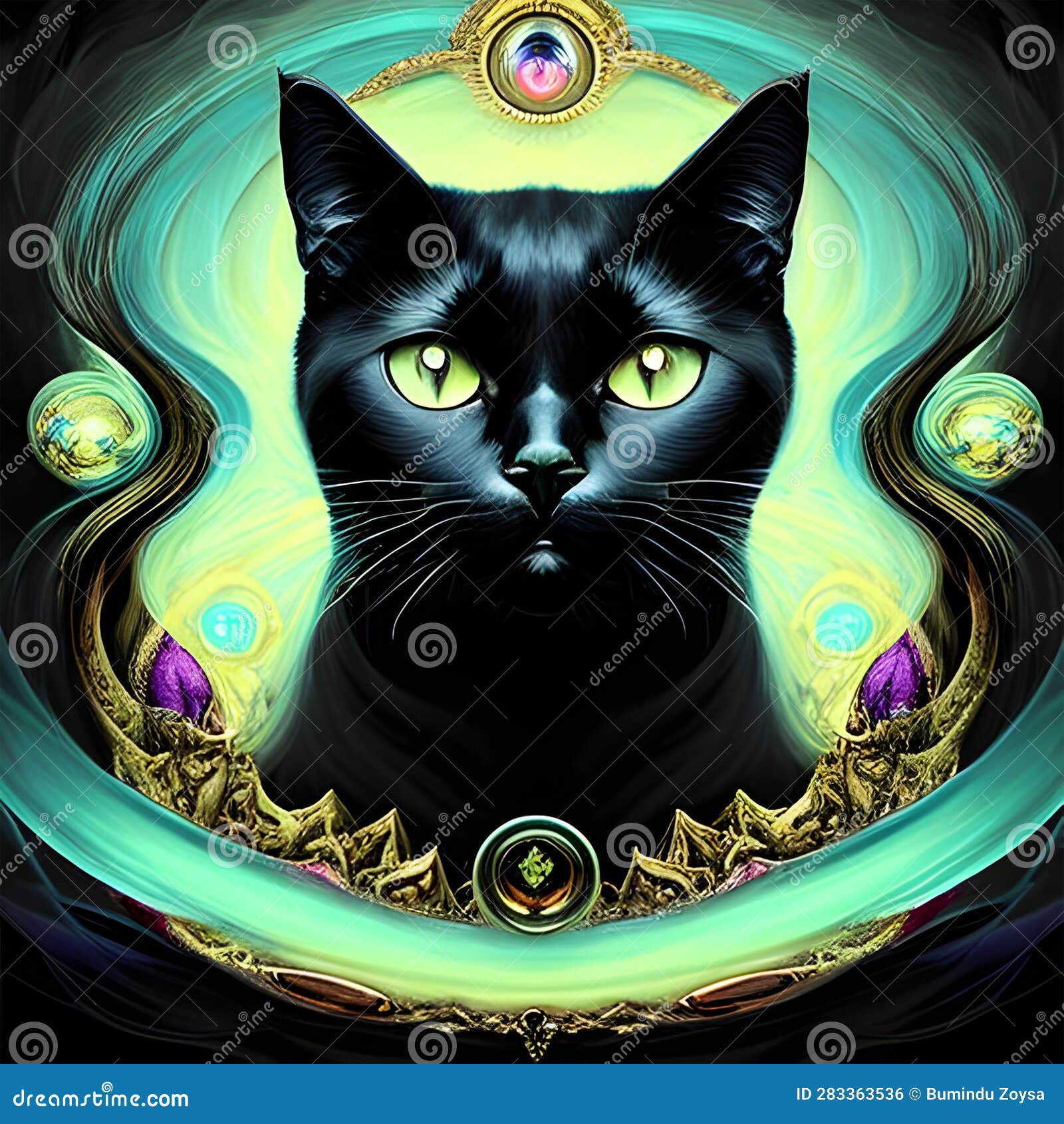 Majestic Black Cat with an Aura of Magic Surrounding. Generative AI