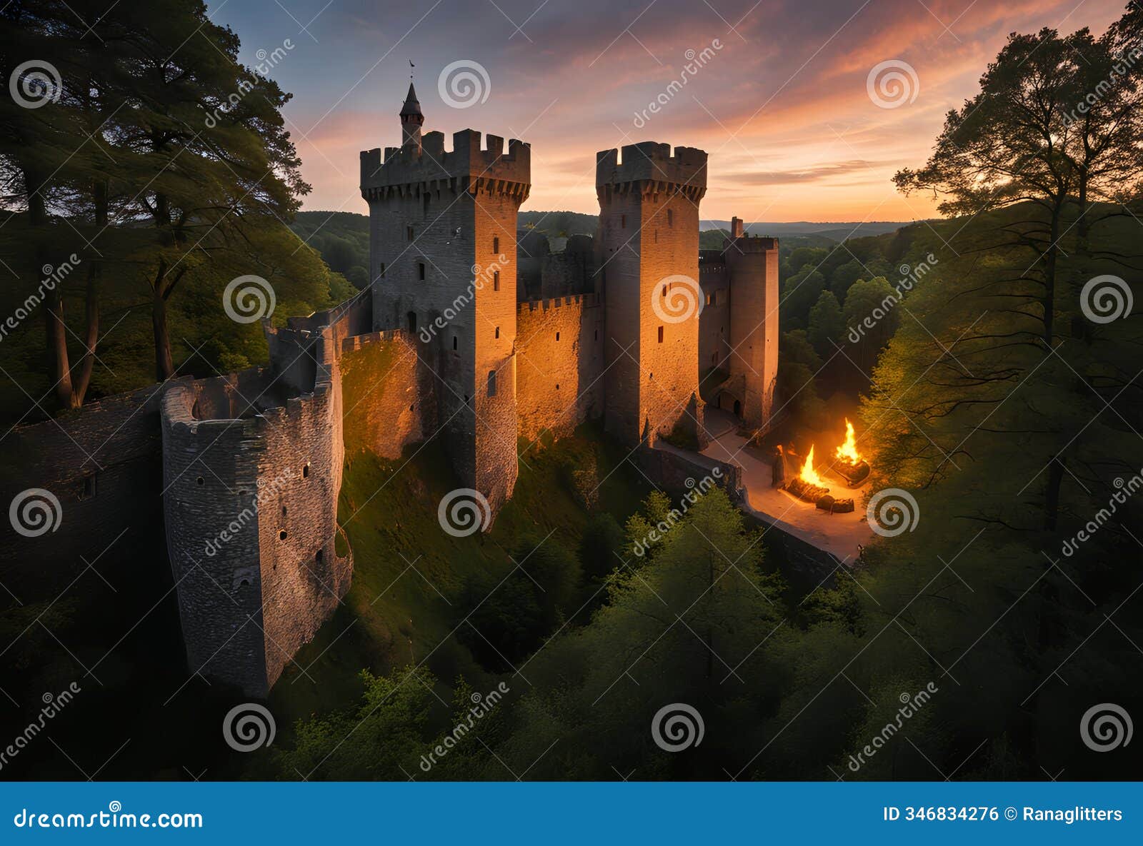 majestic castle glowing at dusk surrounded by trees