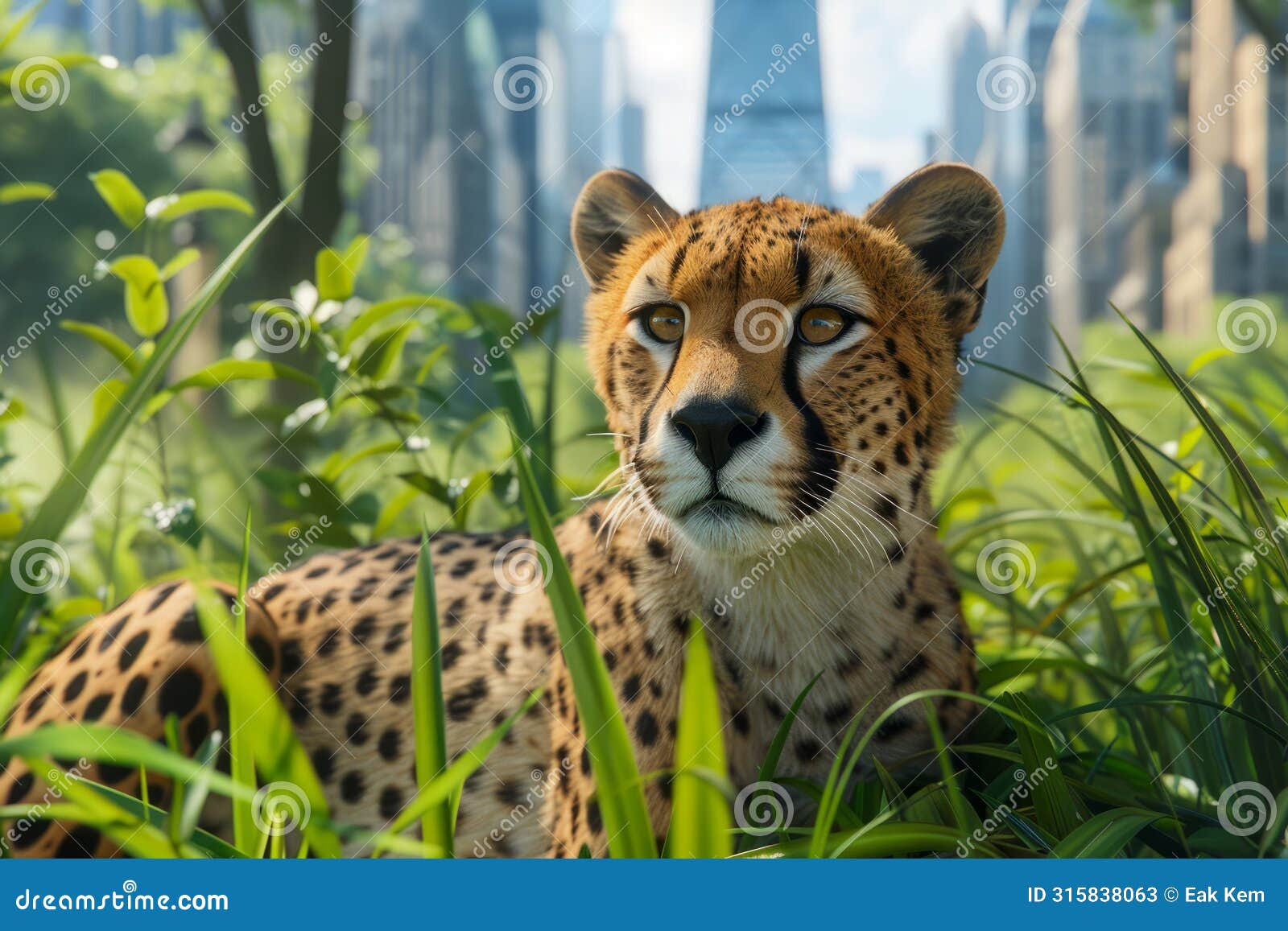 majestic cheetah resting in lush greenery with modern city skyline in the background, wildlife and urban contrast