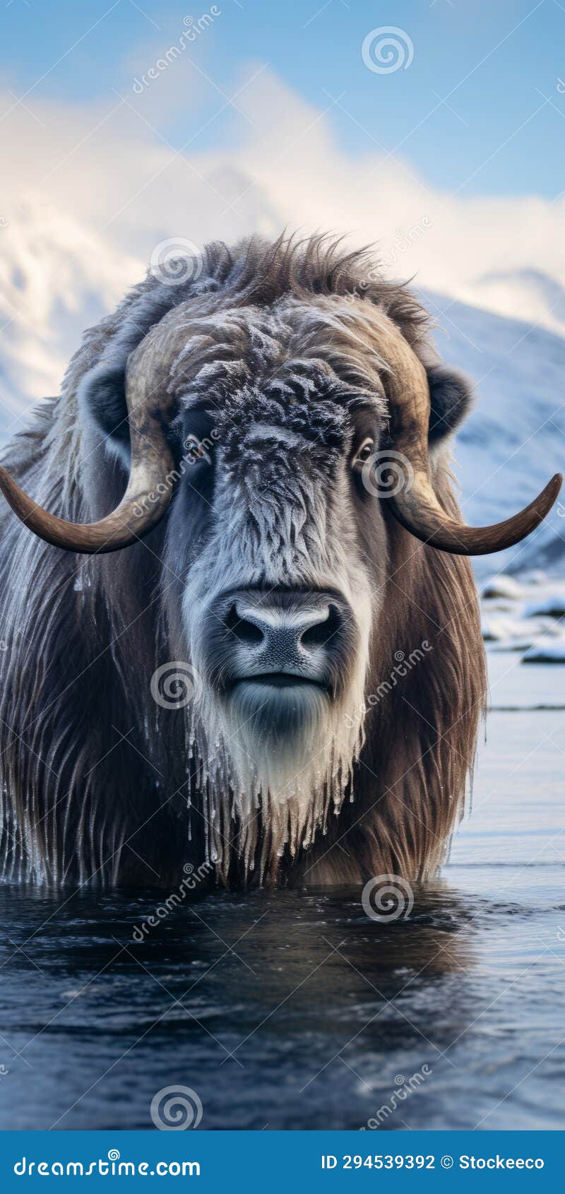 majestic yak in water with snowy mountains: macro photography