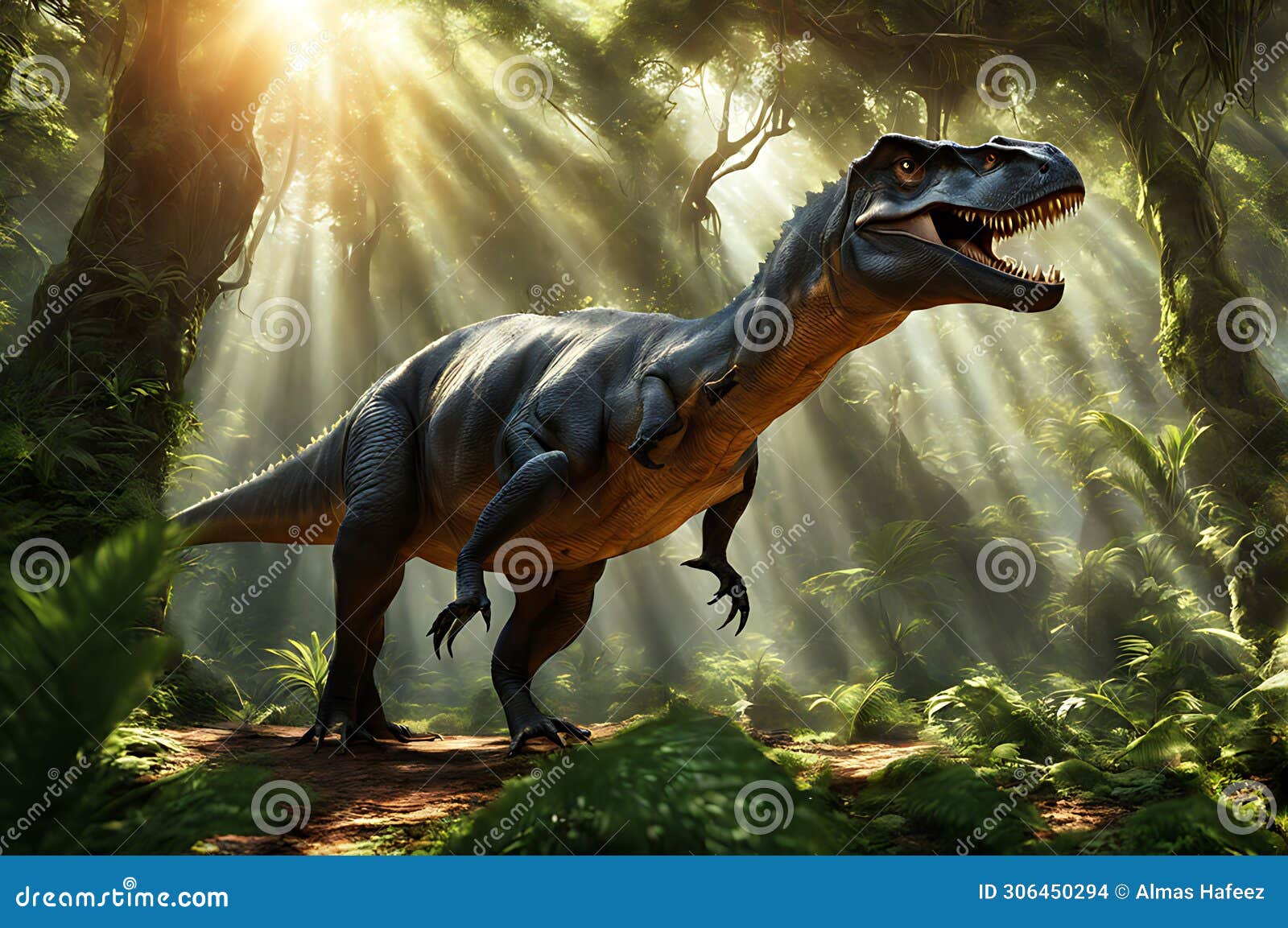 majestic dinosaur dominating the frame - crisp details outlining the scales with soft focus vegetation in the background
