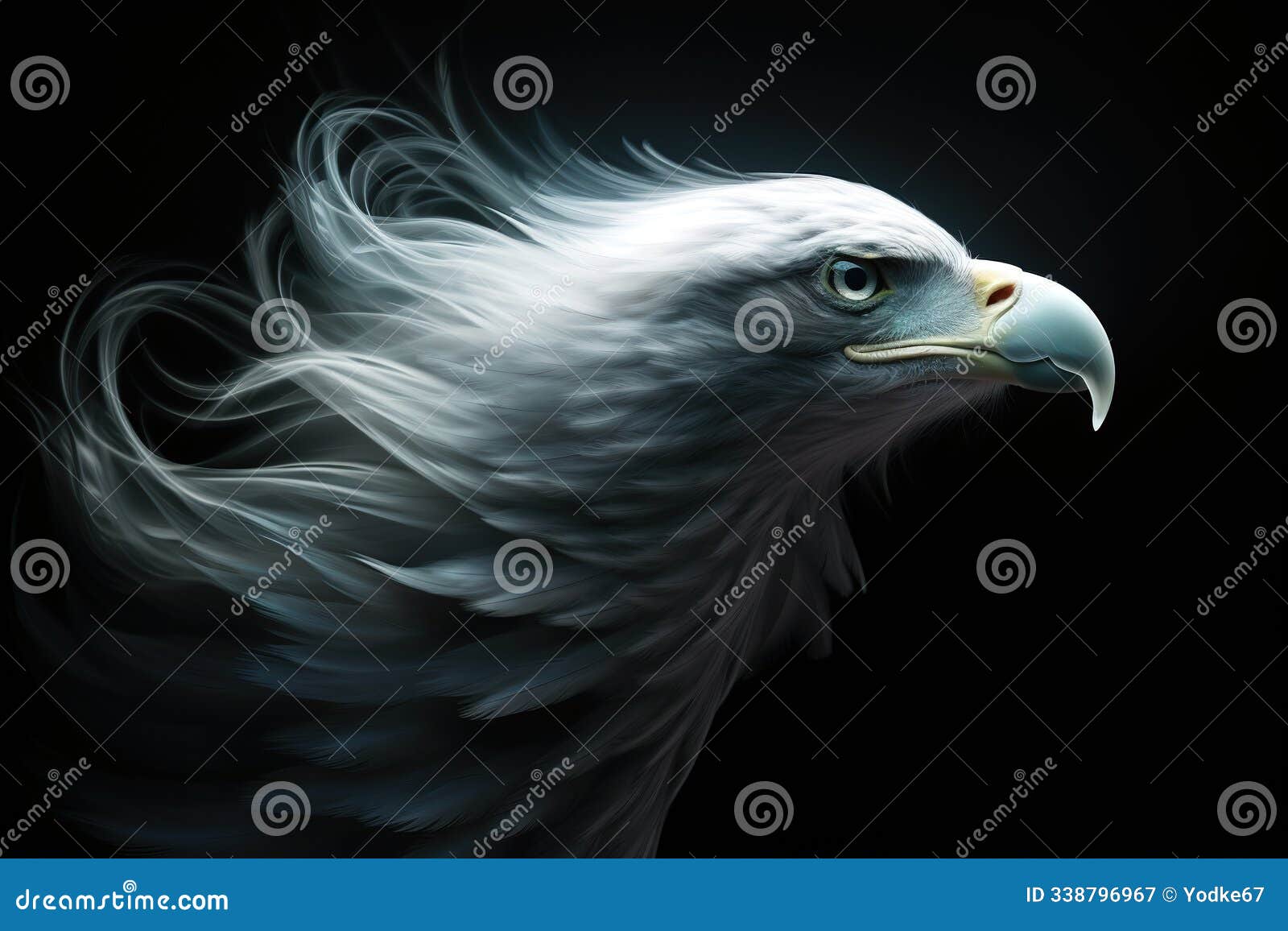a majestic eagle's head emerges from a cloud of smoke on black background, its piercing eyes captivating the viewer