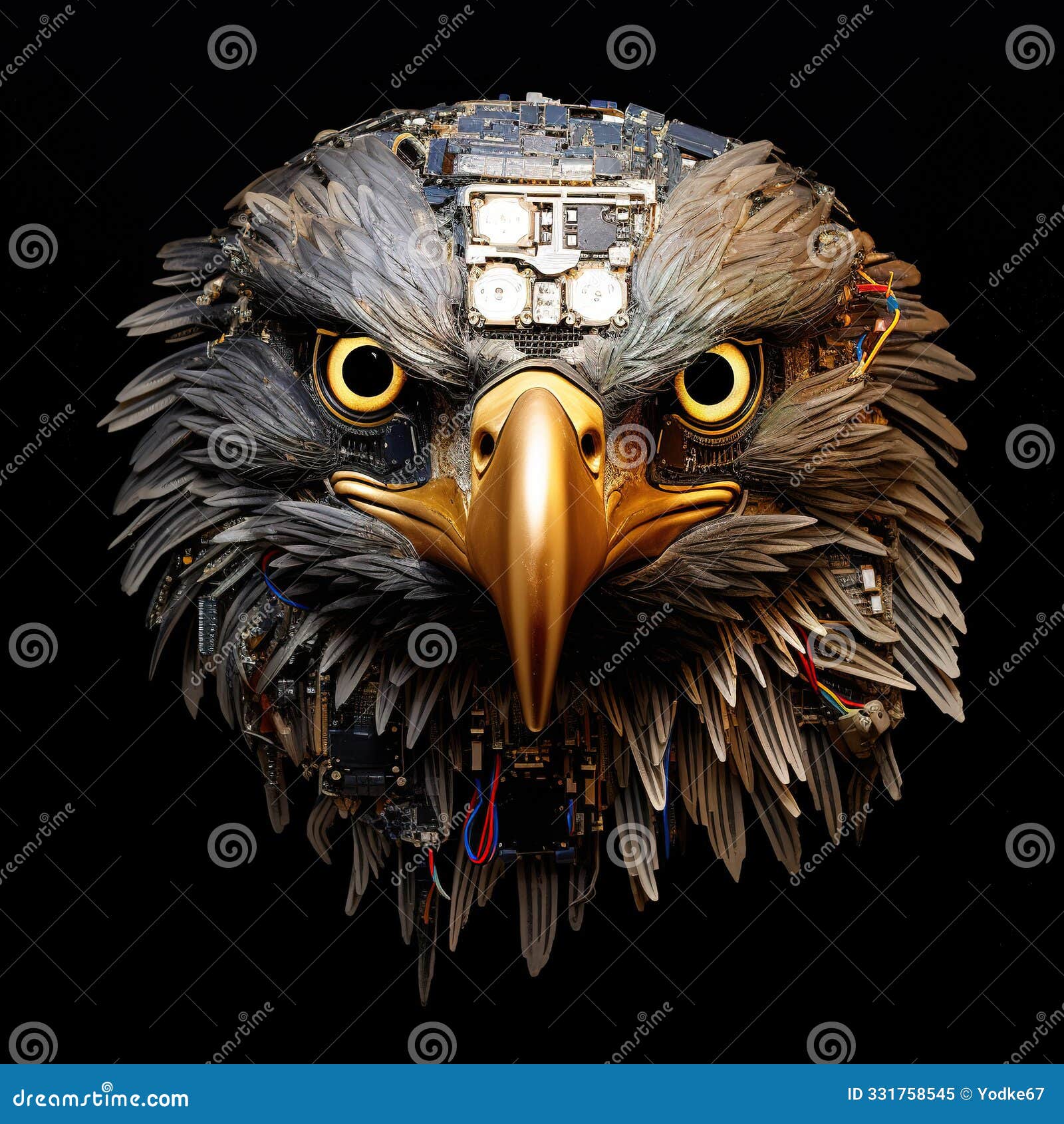 a majestic eagle's head, intricately crafted from computer circuit boards and electronic components.