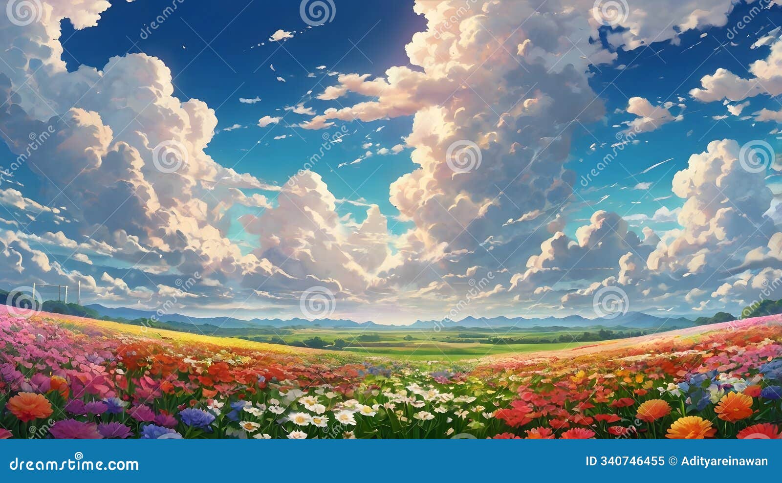 majestic field and flower gardens under cloud-filled sky -  art